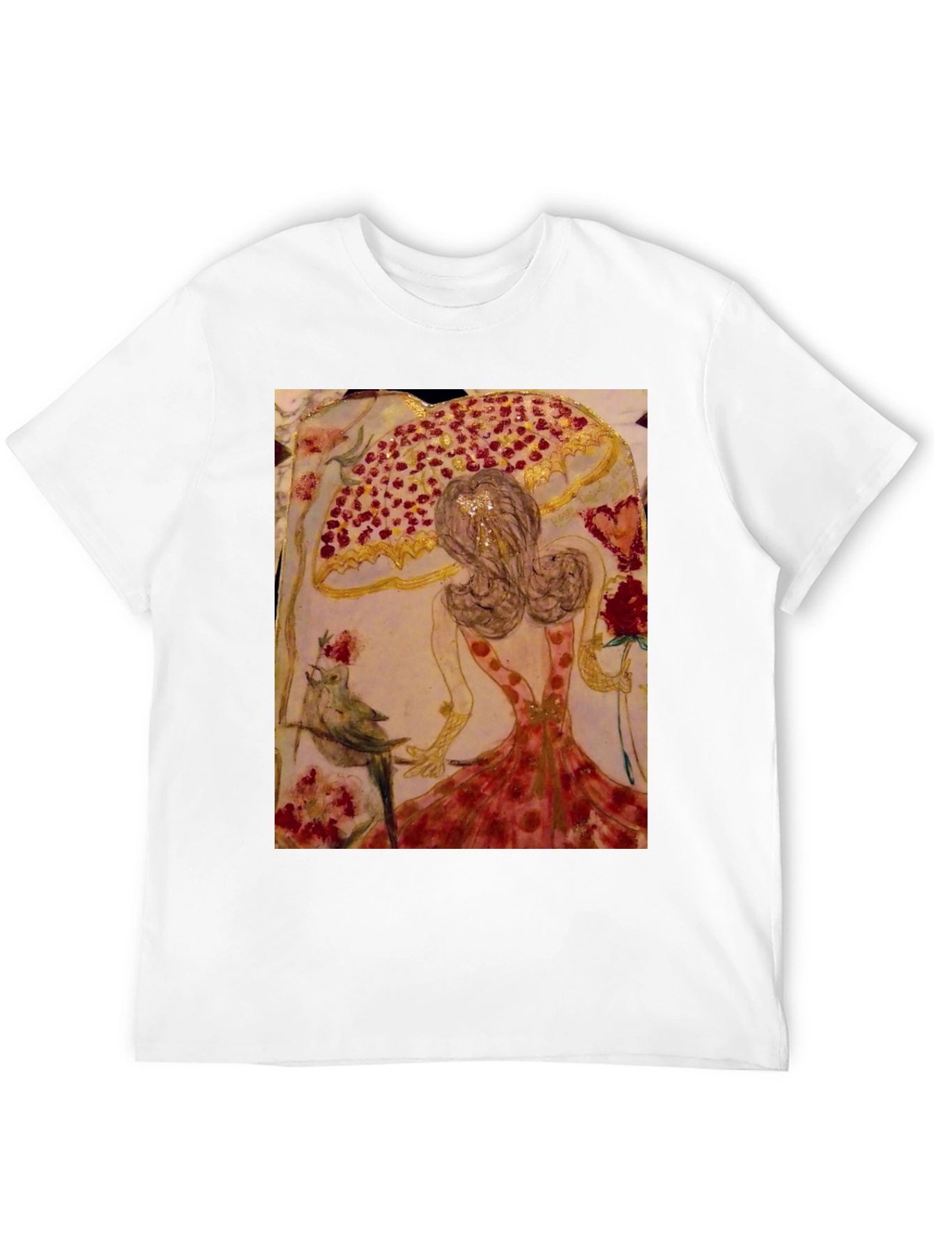 Black Whimsical Art T-Shirt: Bird, Roses, & Dancer view 12