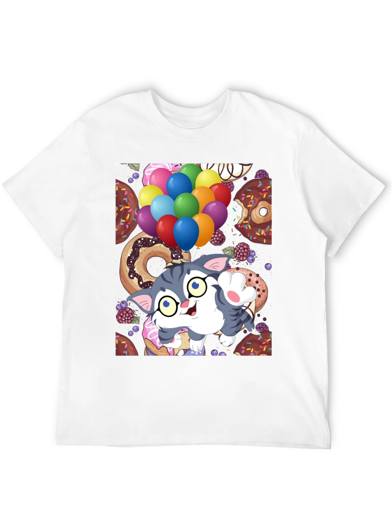 Black Cute Cartoon Cat with Balloons and Donuts T-Shirt view 12