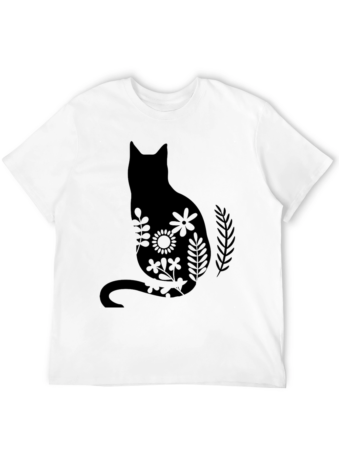 Black Floral Cat Silhouette Black T-Shirt view 12