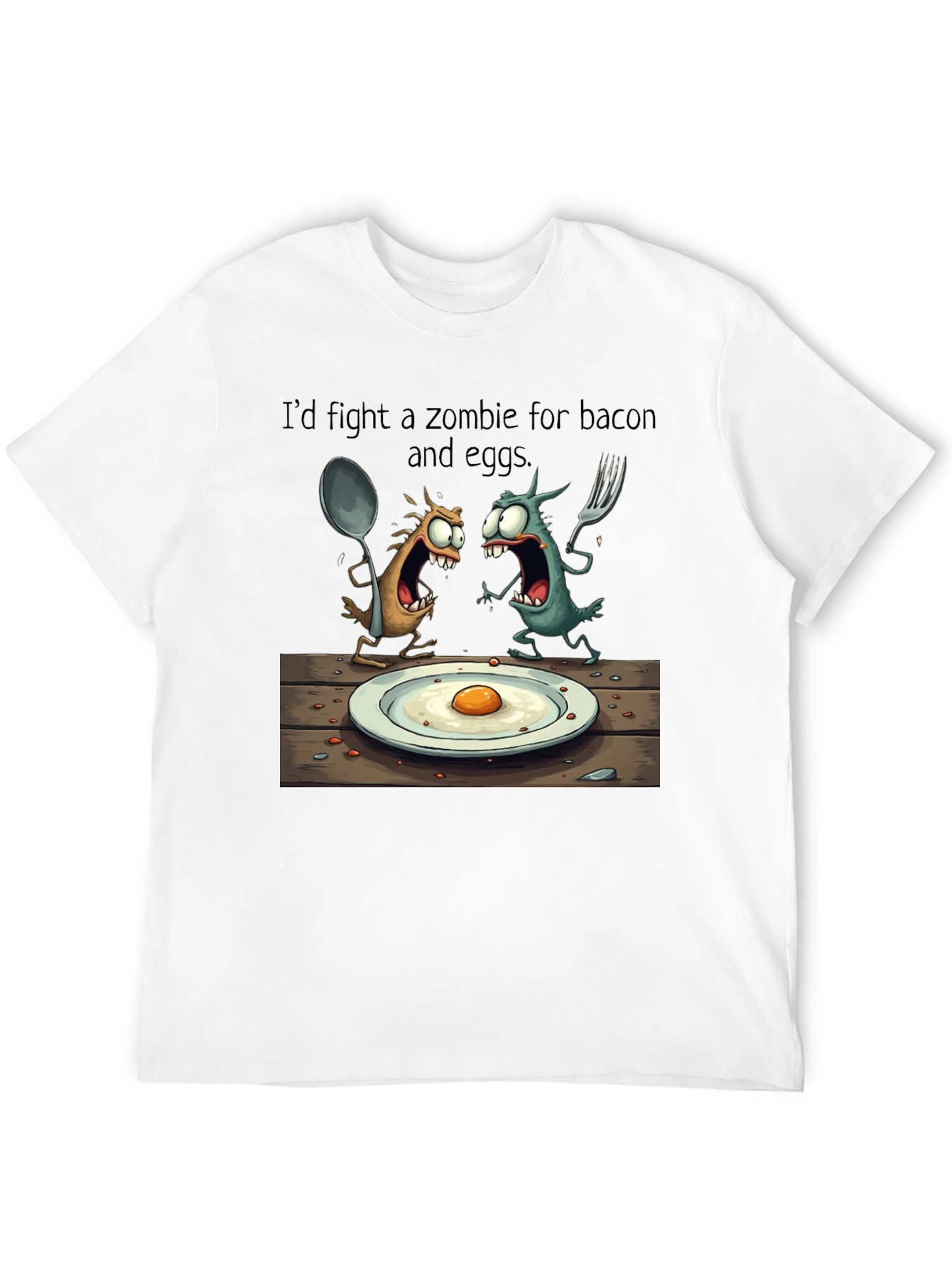 Black Zombie Bacon & Eggs T-Shirt: Funny Cartoon Foodie Tee view 12