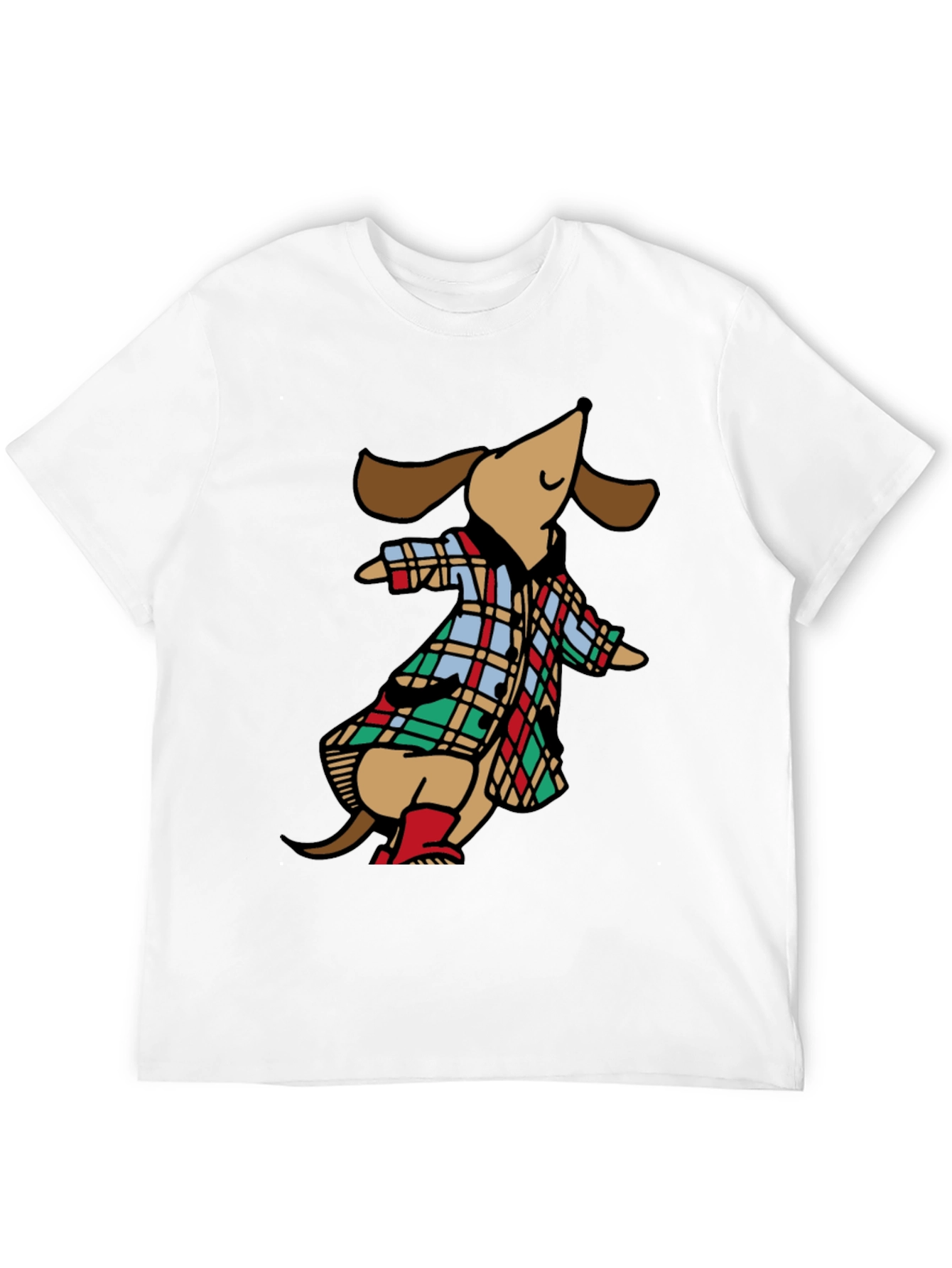 Black Dachshund in Plaid Raincoat T-Shirt view 12