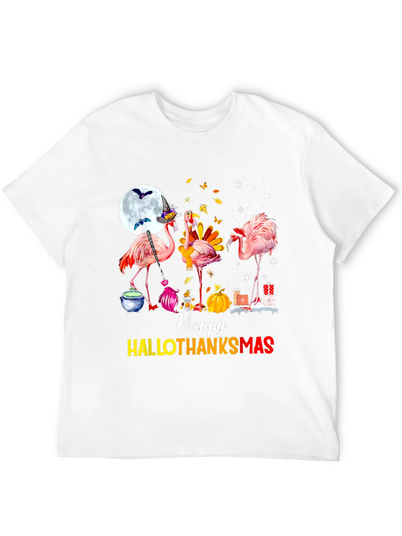 Black Happy HALLOTHANKS Christmas Flamingo T-Shirt view 12
