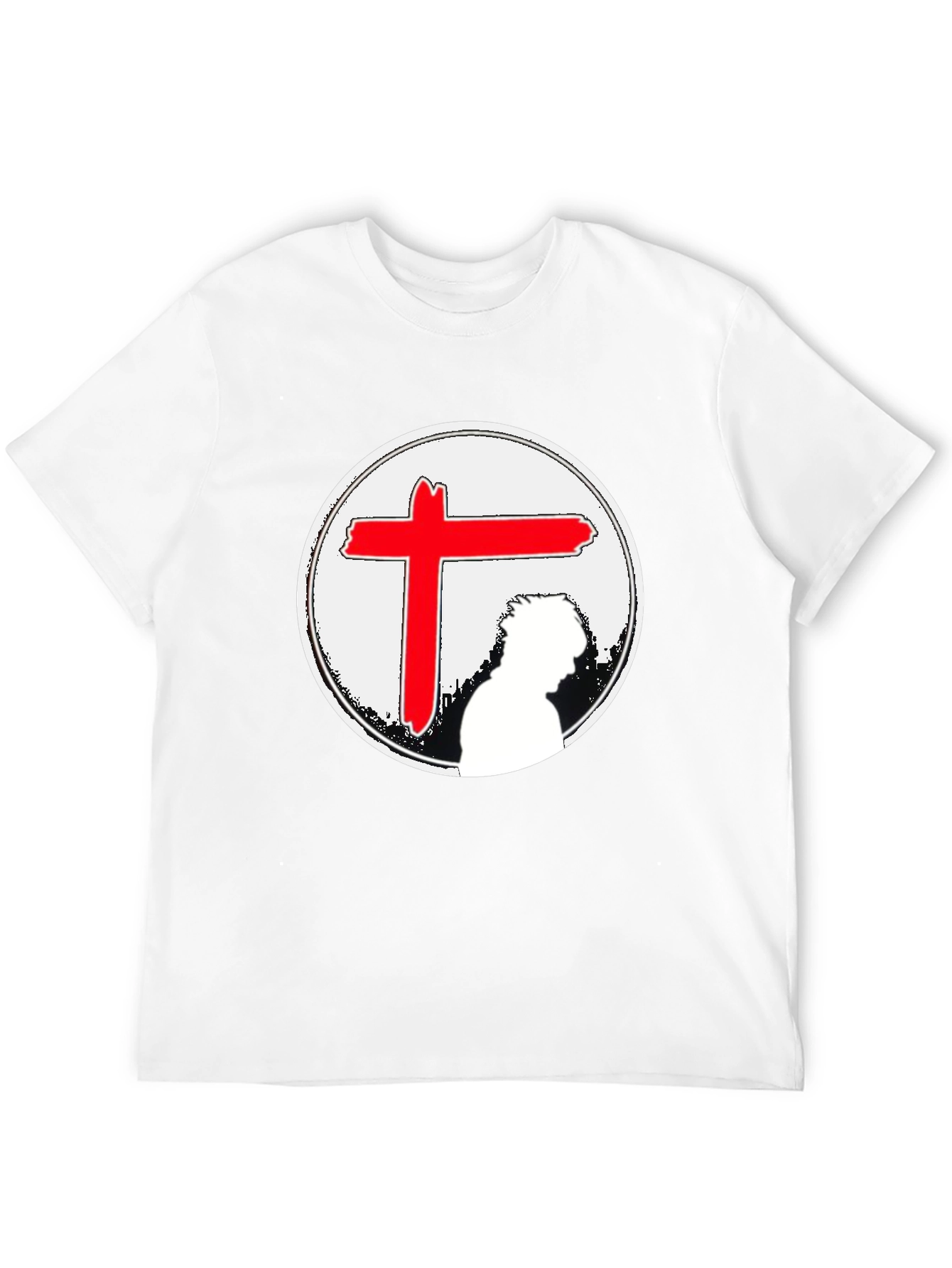 Black Graphic Tee with Red Cross & Figure view 12