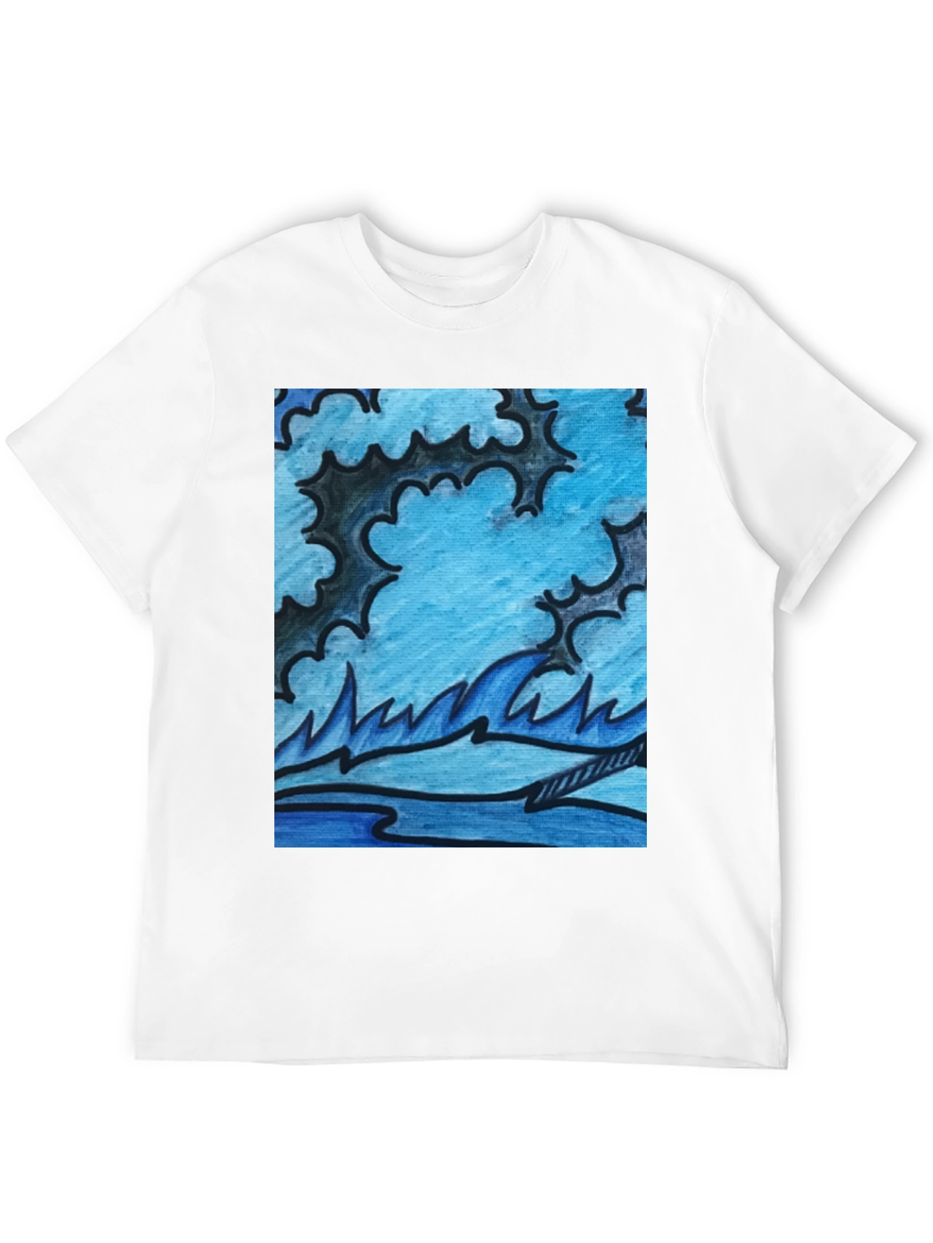 Black Abstract Blue Wave Graphic Black T-Shirt view 12