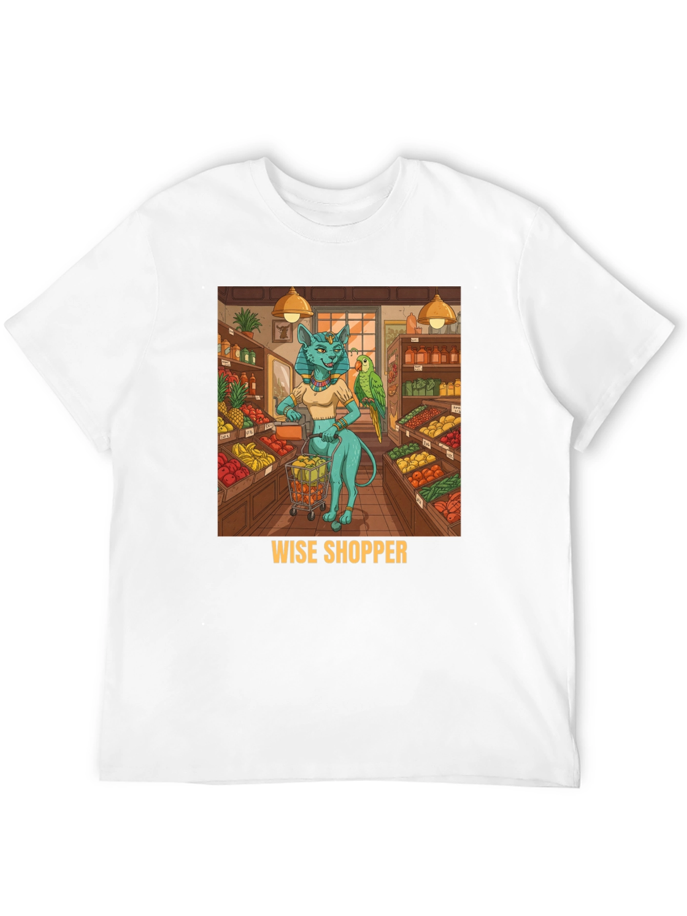 Black Wise Shopper T-Shirt, Cat Goddess, Fruit Market view 12