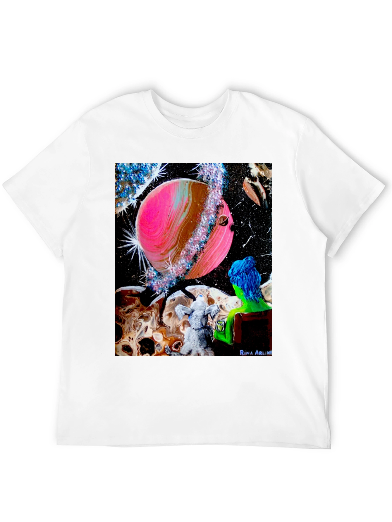 Black Cosmic Dreamer T-Shirt: Pink Planet & Blue Haired Girl view 12