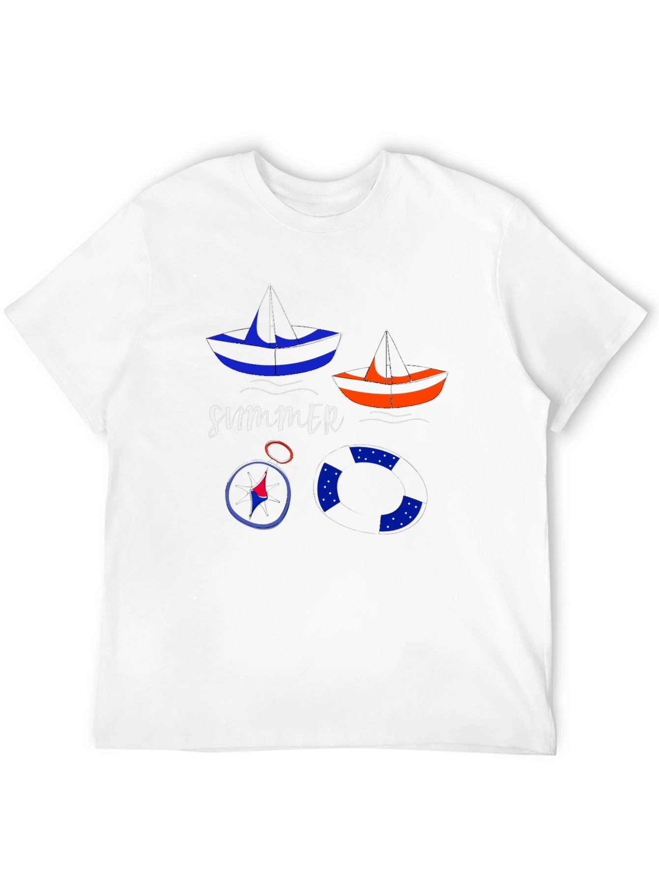 Summer Nautical T-Shirt: Sailboats, Compass, and Life Preserver - 12