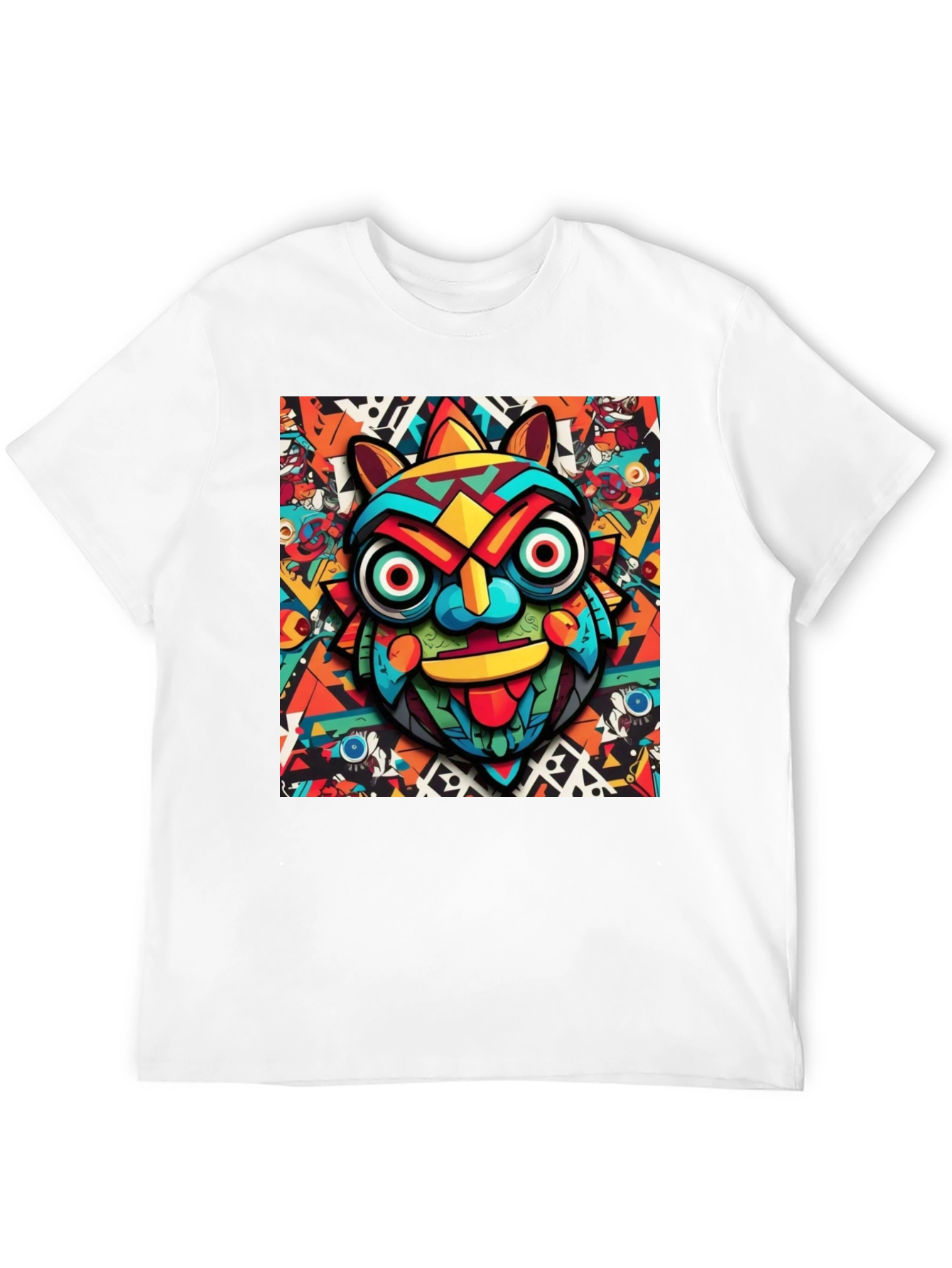 Black Bold Graphic Tee - Colorful Tribal Mask Design view 12