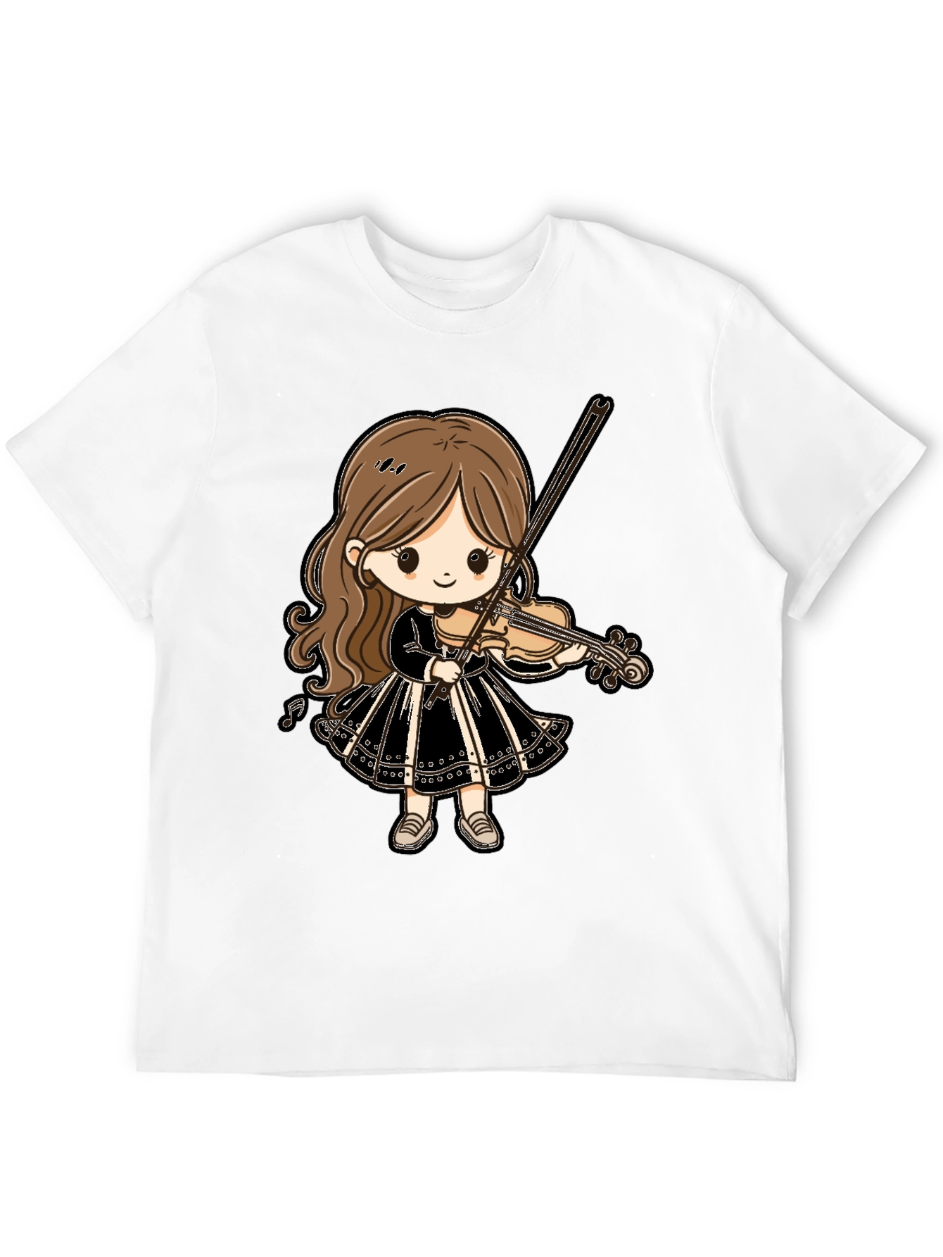 Black Cute Violin Girl Graphic Tee - Black Cotton T-Shirt view 12