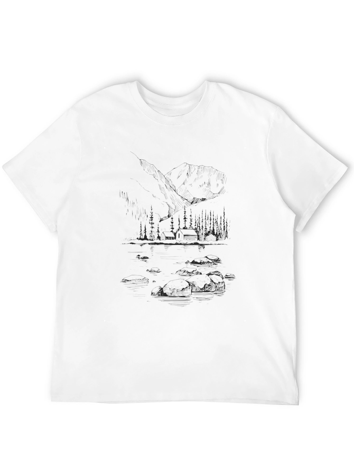 Black Nature Sketch Tee - Mountain Cabin Lake Scene view 12