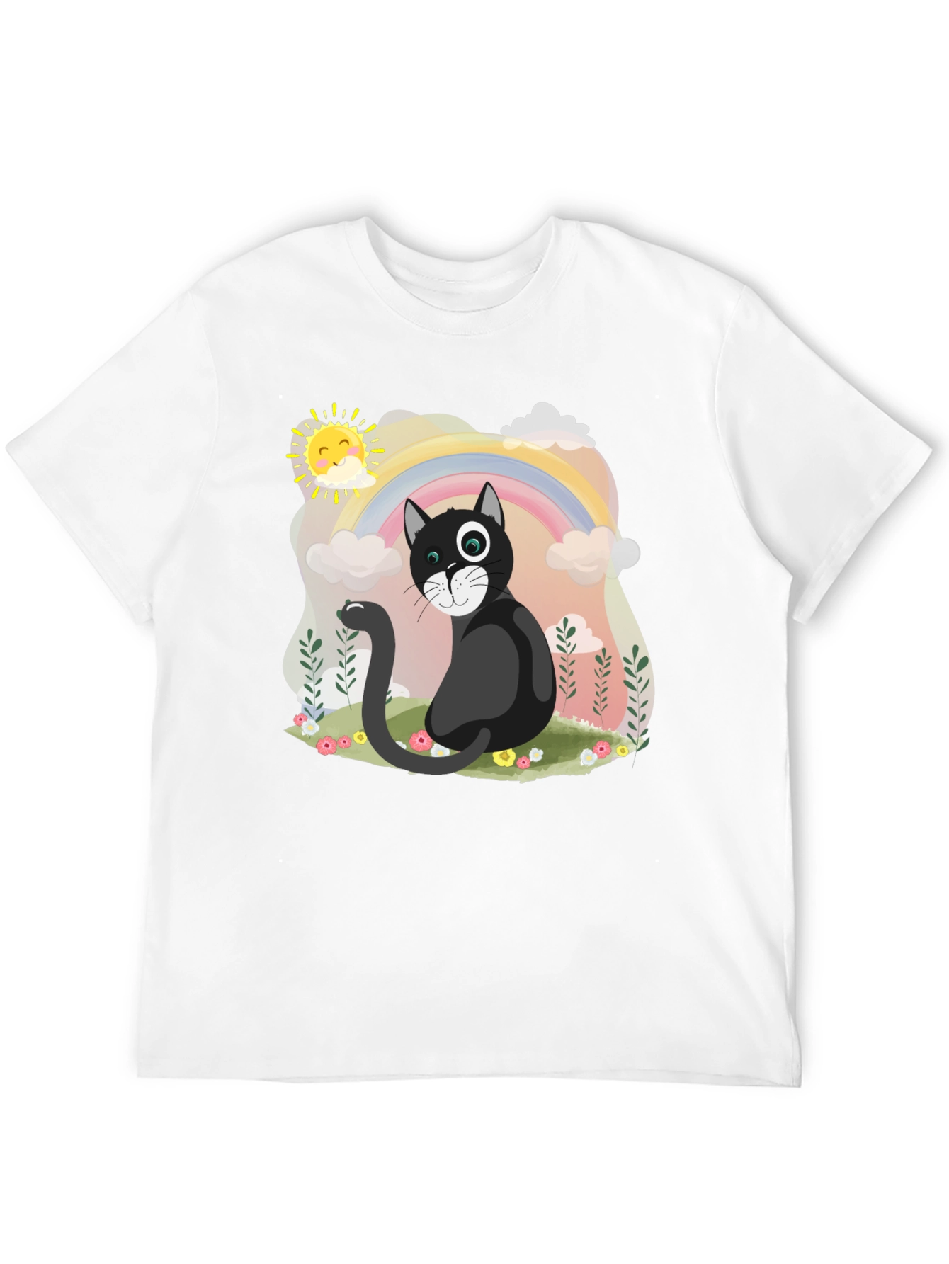 Black Whimsical Cat Rainbow T-Shirt view 12