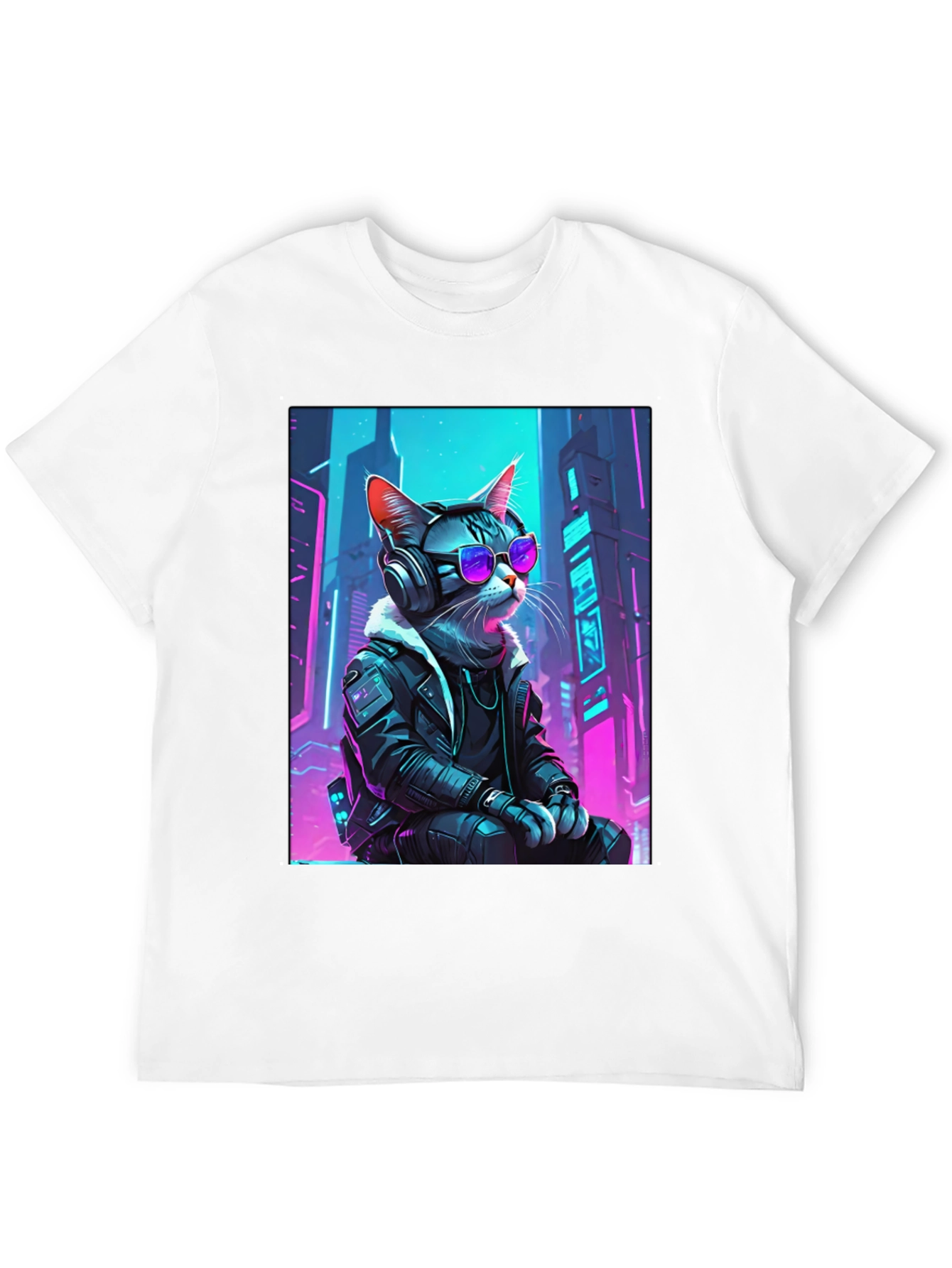 Black Cyberpunk Cat T-Shirt - Cool Neon Design view 12