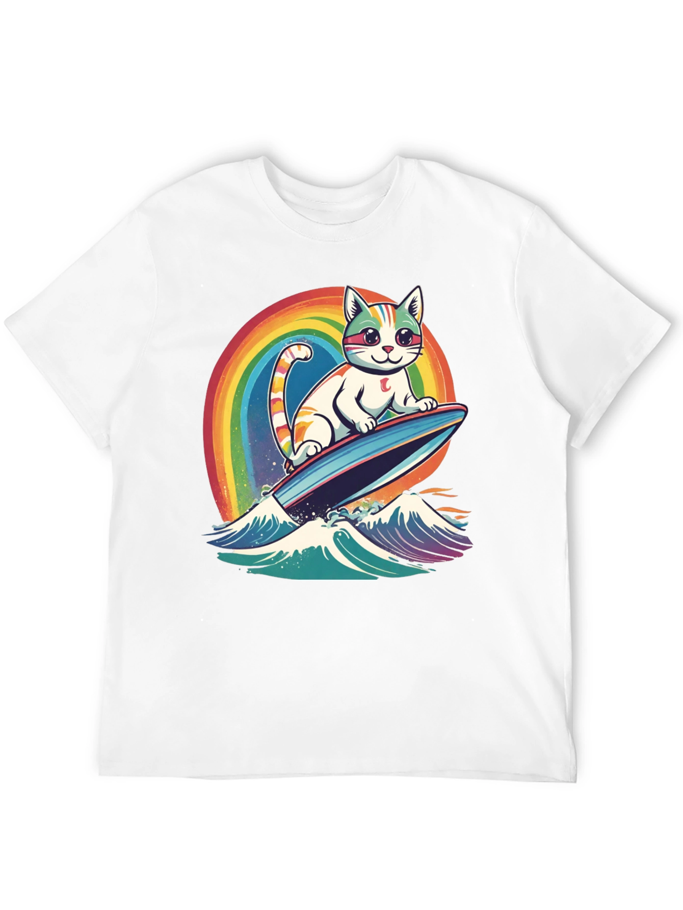 Black Surfing Cat Rainbow T-Shirt view 12