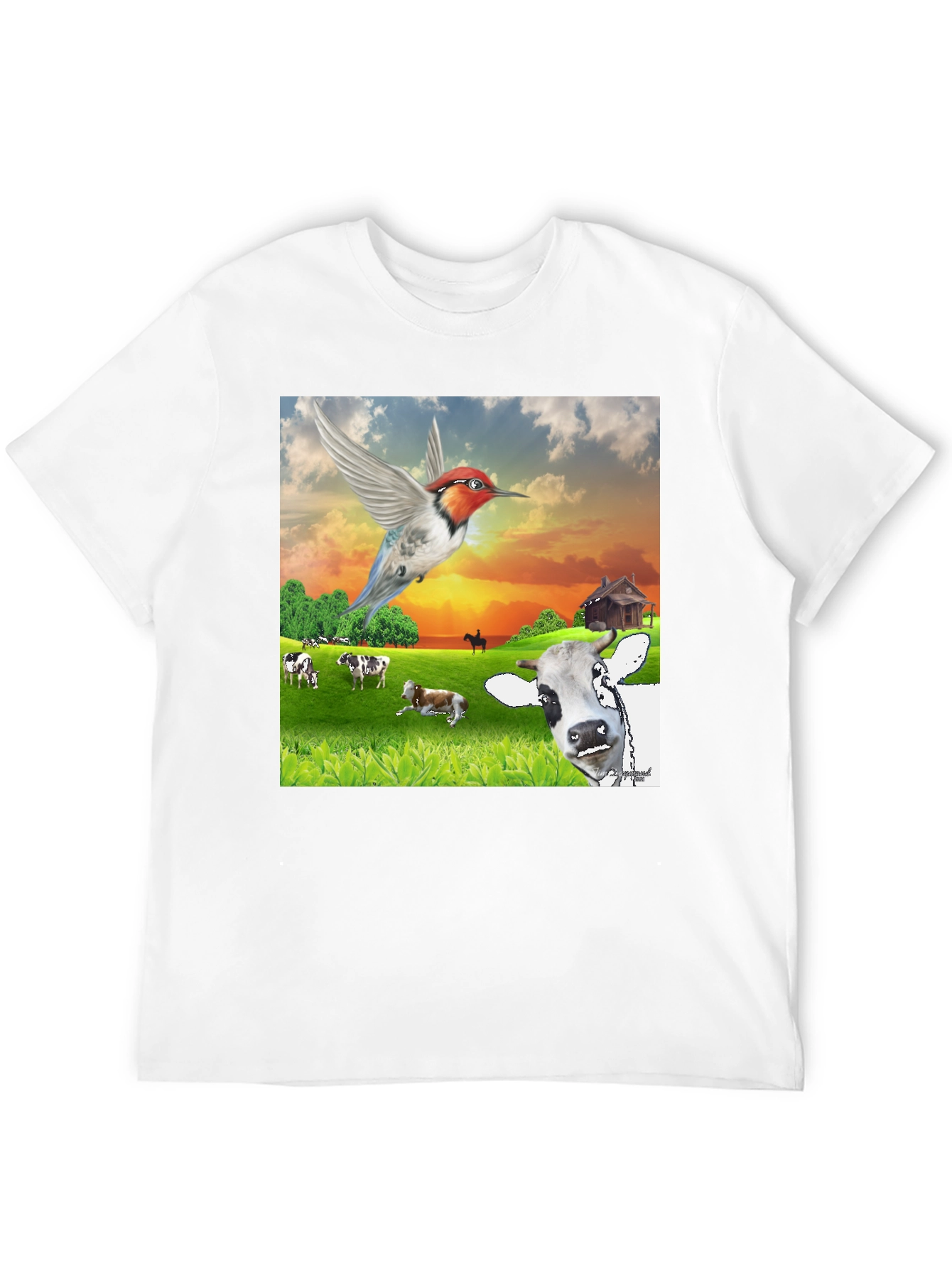 Black Hummingbird & Cow Farm T-Shirt - Unique Animal Design view 12