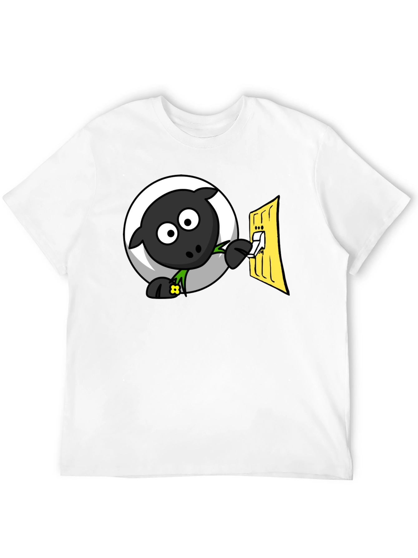 Black Funny Cartoon Sheep Turning on Light T-Shirt view 12