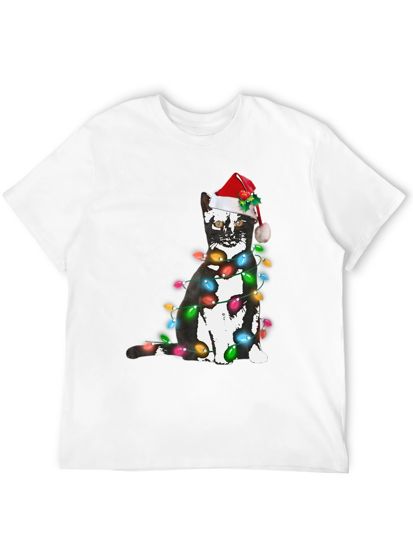 Black Festive Cat Christmas Lights T-Shirt view 12