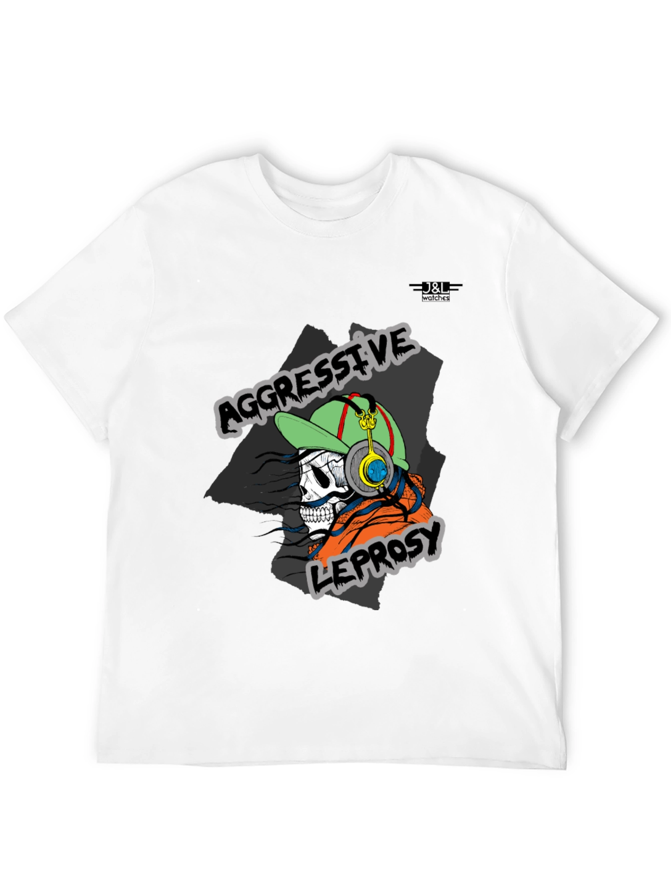 Black Aggressive Leprosy Graphic Tee - Skull with Headphones view 12