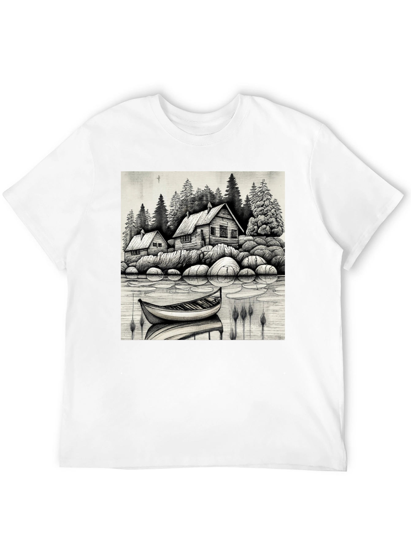 Black Cabin Lake Scene T-Shirt view 12
