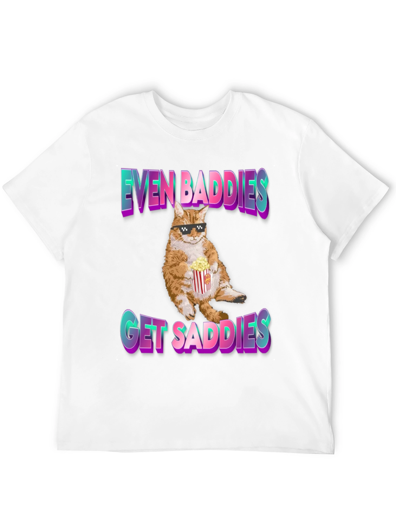 Black Even Baddies Get Saddies T-Shirt - Cat with Popcorn view 12