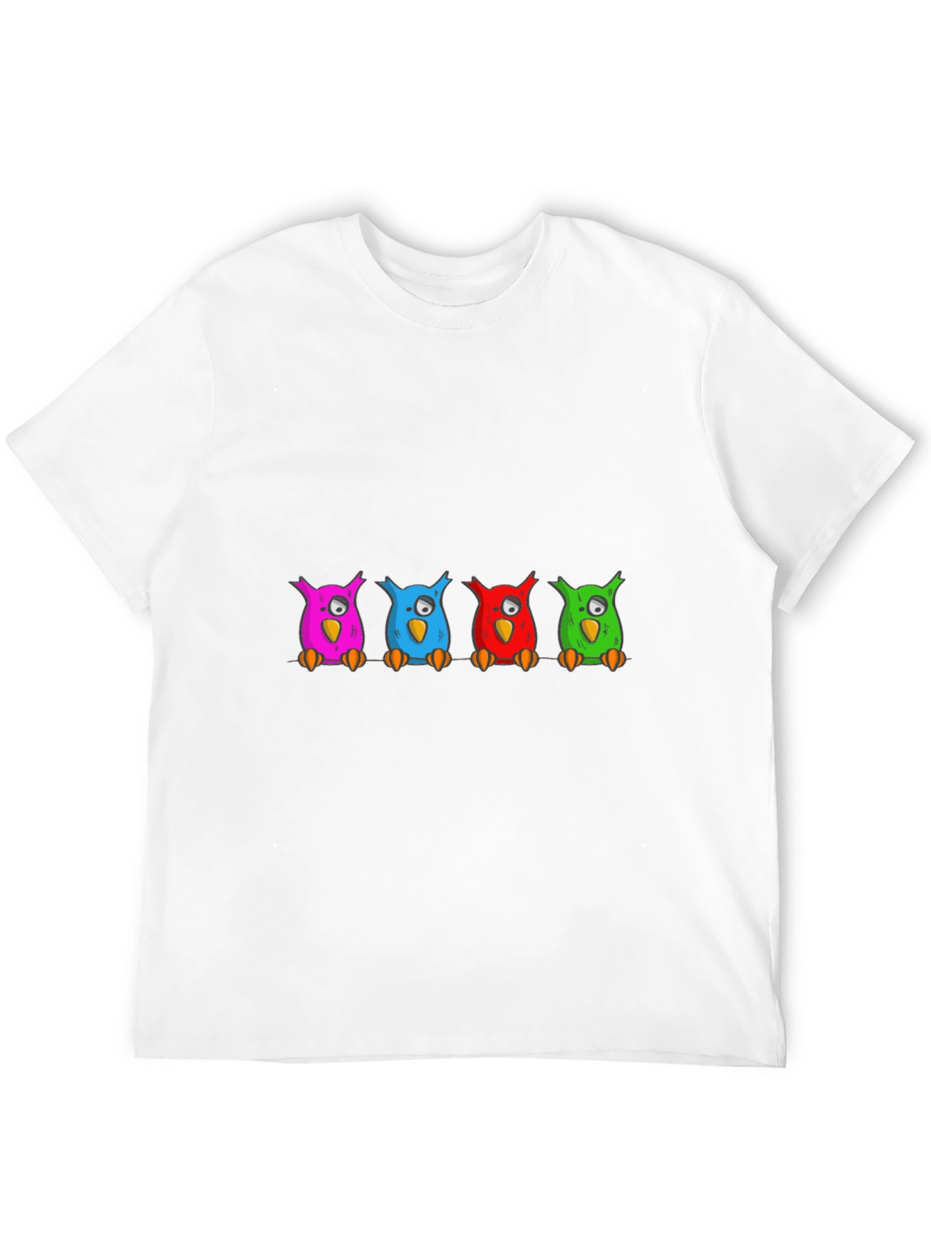 Black Colorful Cartoon Owls on a Branch T-Shirt view 12