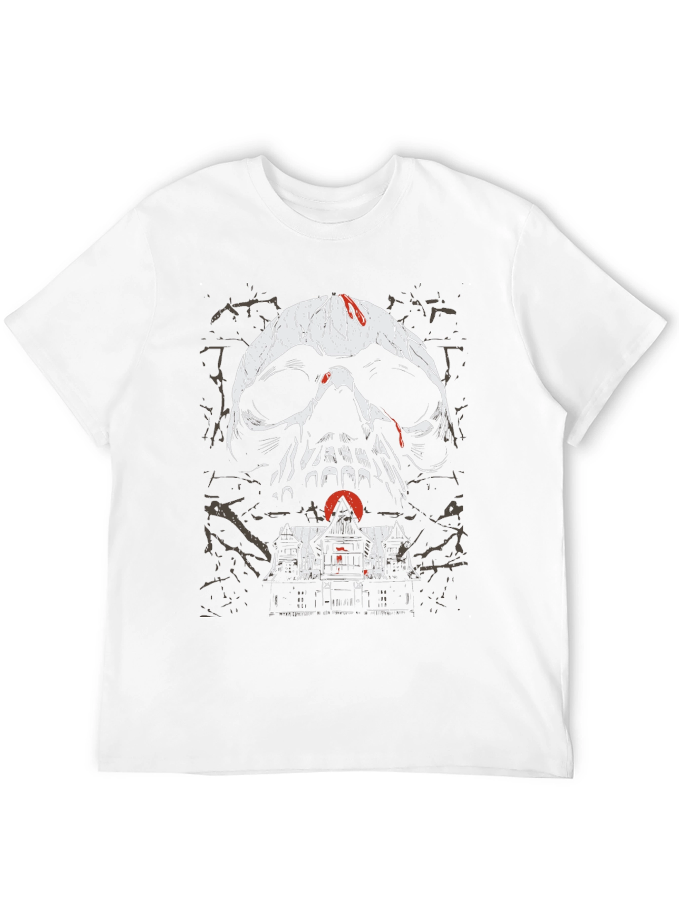 Skull & Haunted House Graphic Tee - Gothic Black T-Shirt - 12