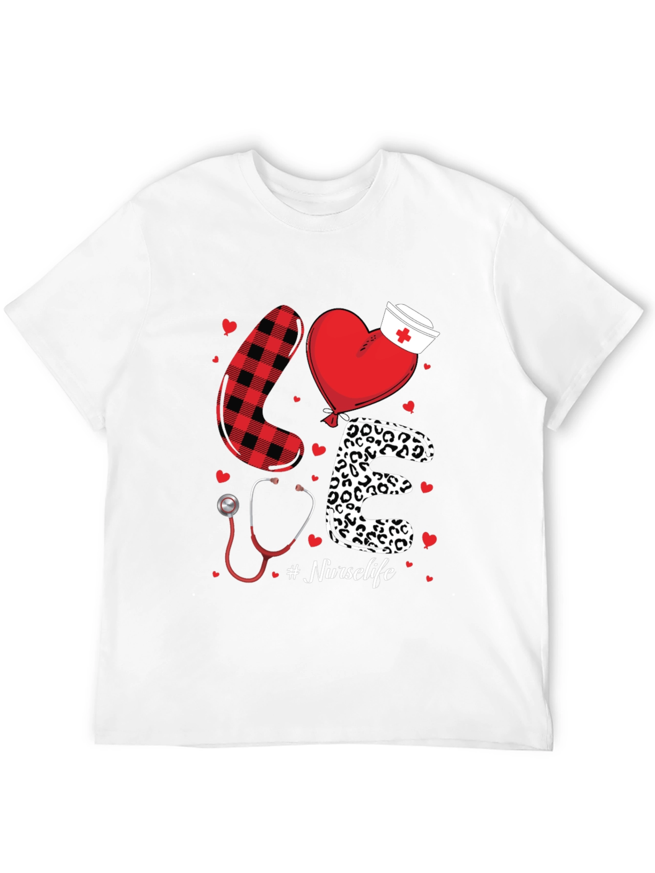 Black Nurse Life Love Graphic T-Shirt - Heart, Stethoscope, Pattern Design view 12