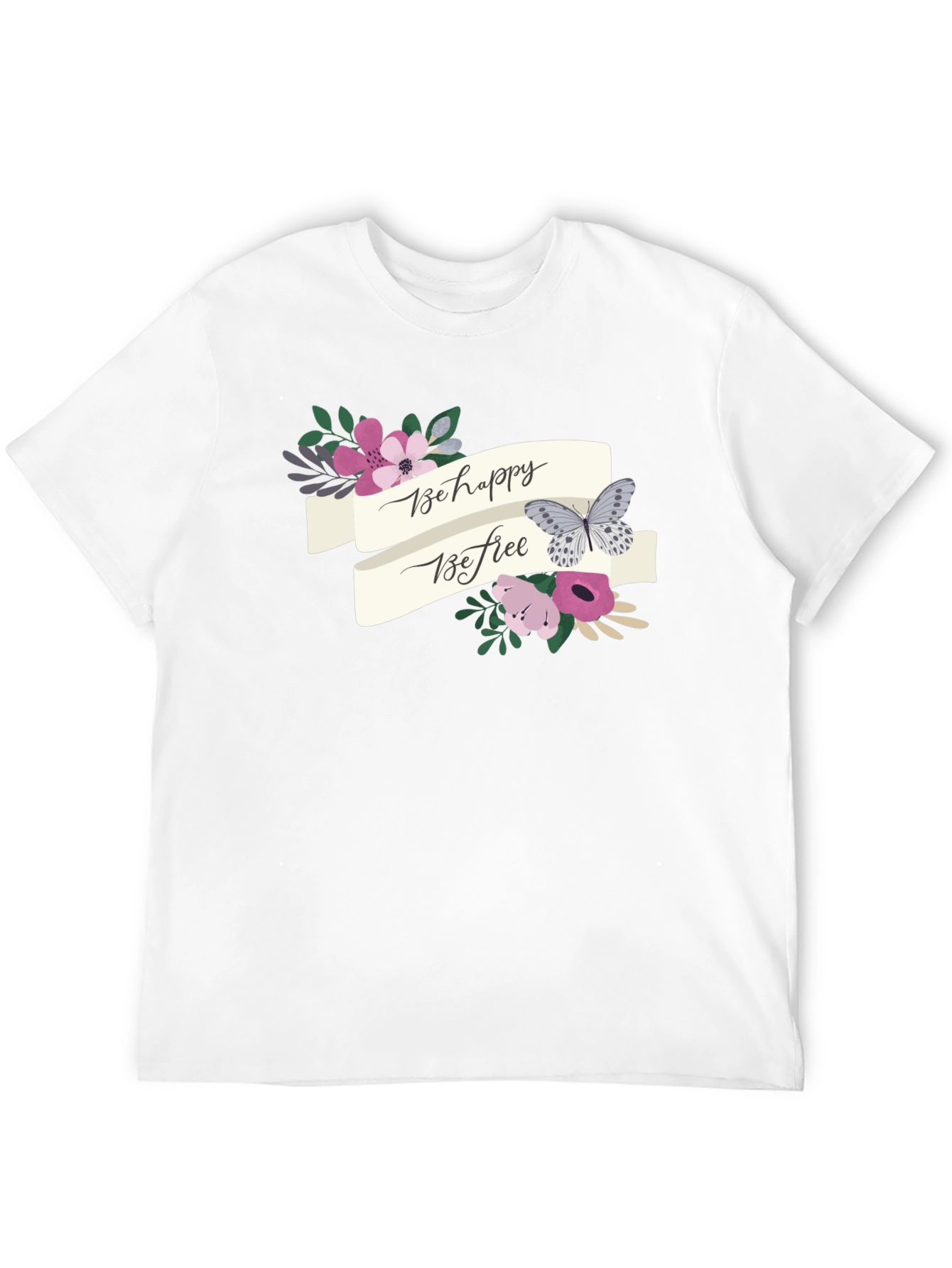 Black Be Happy Be Free Floral Butterfly Graphic Tee view 12