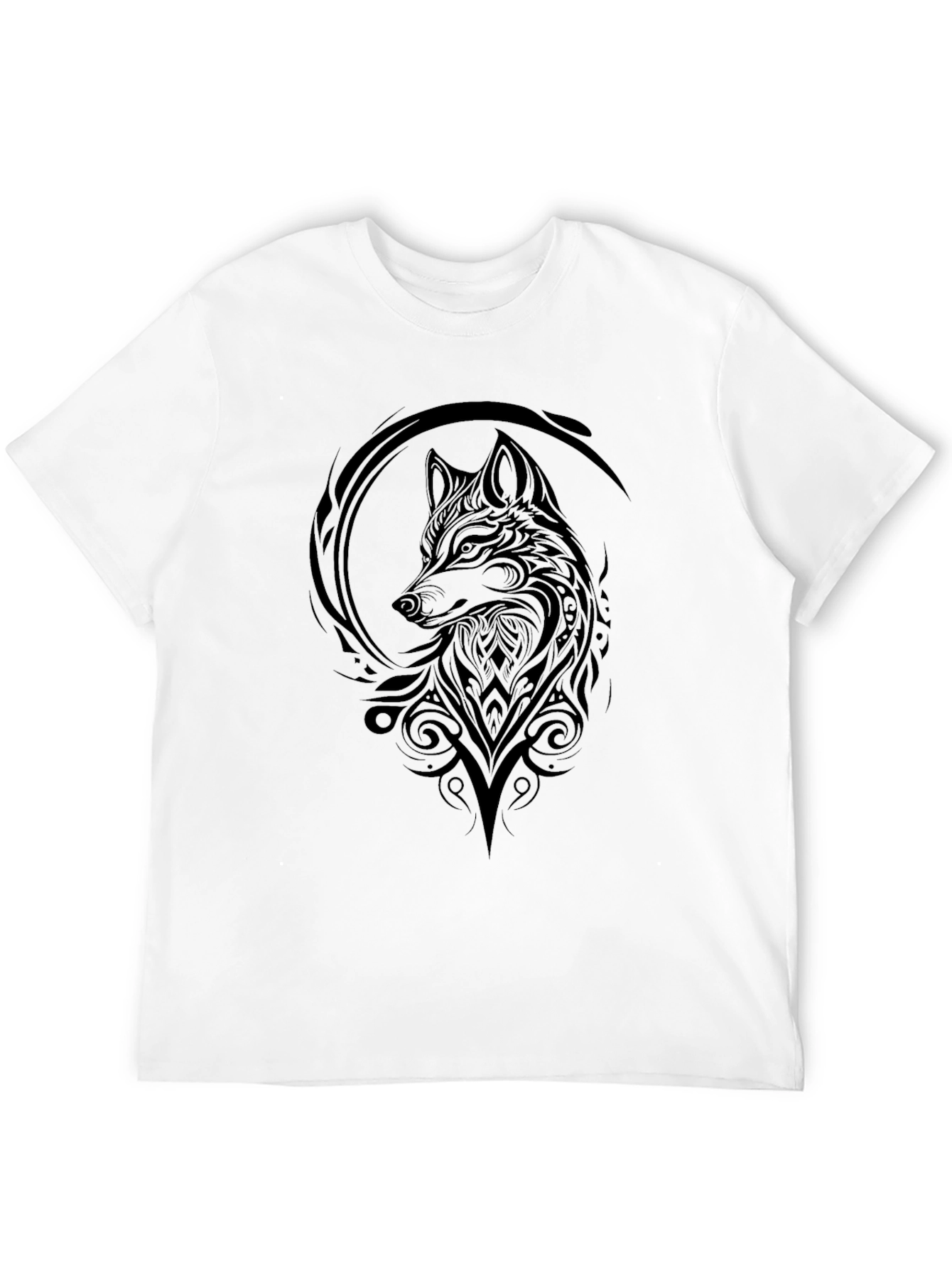 Black Wolf Tribal Art Graphic Tee - Black Cotton T-Shirt view 12