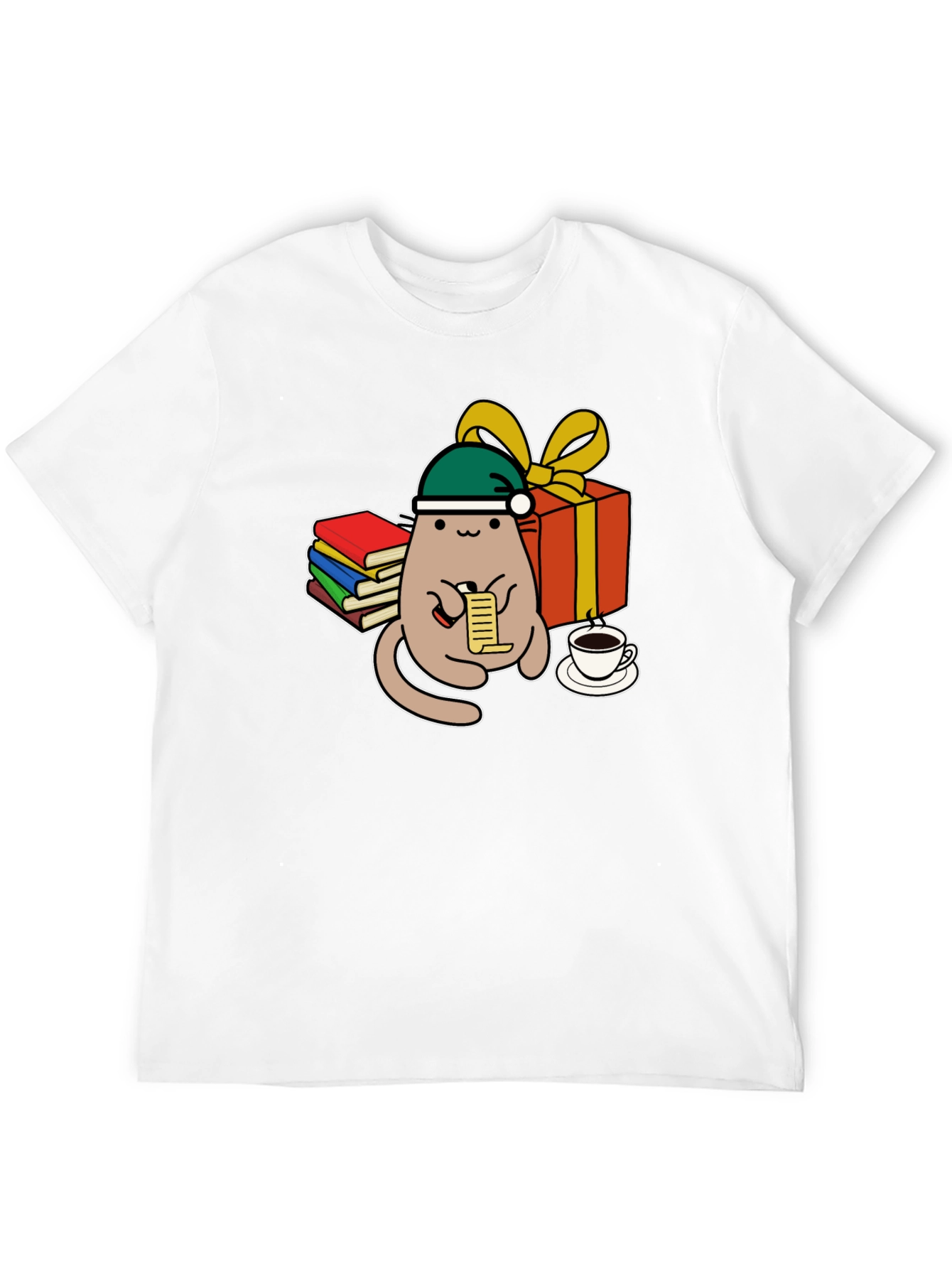 Black Festive Cat Reading Christmas List T-Shirt view 12