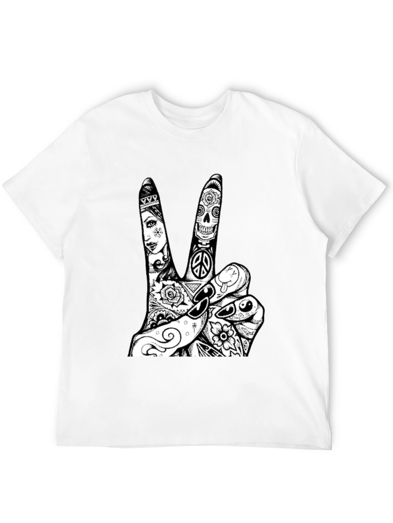 Black Peace Sign Tattoo Graphic Tee - Black Cotton T-Shirt view 12