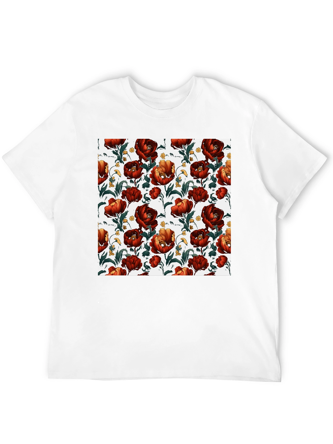 Black Floral Print Crew Neck T-Shirt - Bold Red Blooms view 12