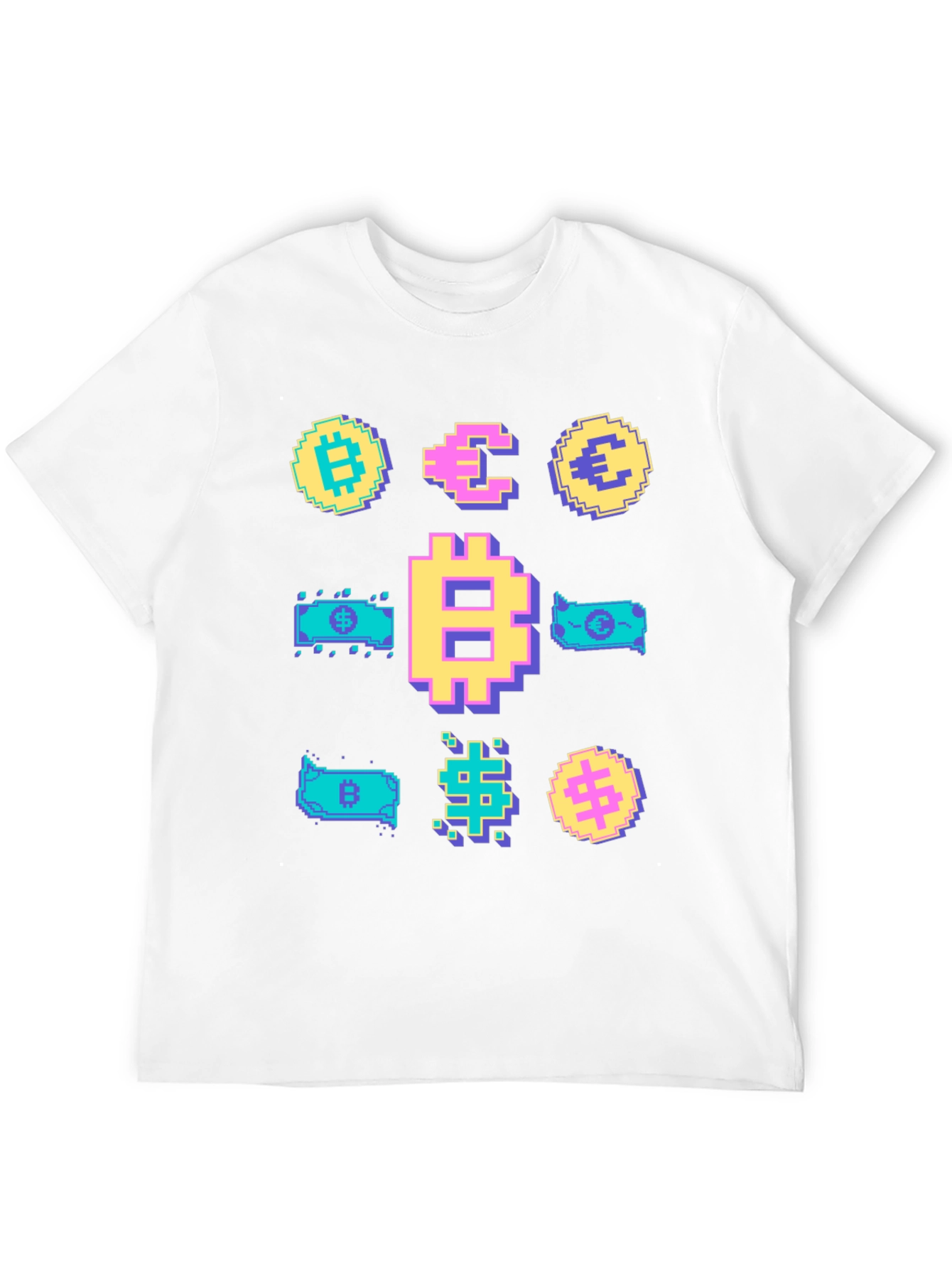 Black Crypto Pixel Art T-Shirt: Bitcoin, Euro, Dollar view 12