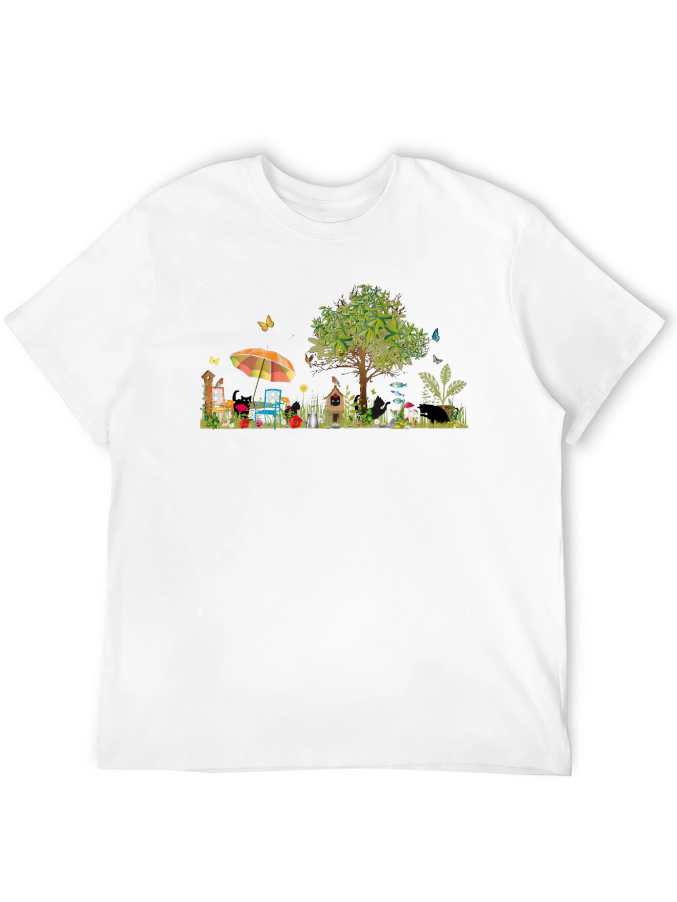 Black Whimsical Garden Scene Graphic T-Shirt view 12