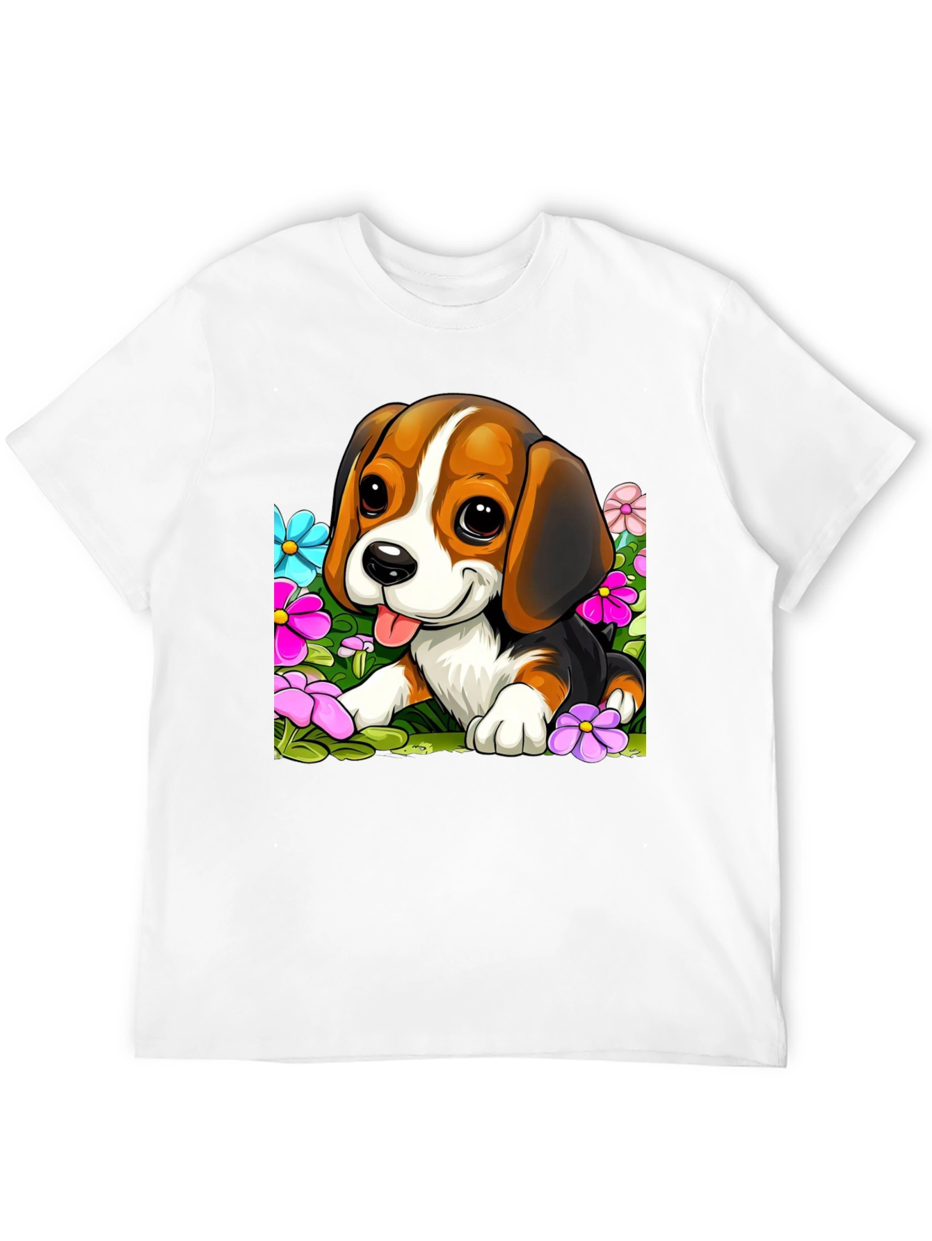 Black Cute Beagle Puppy in Flowers Black T-Shirt view 12