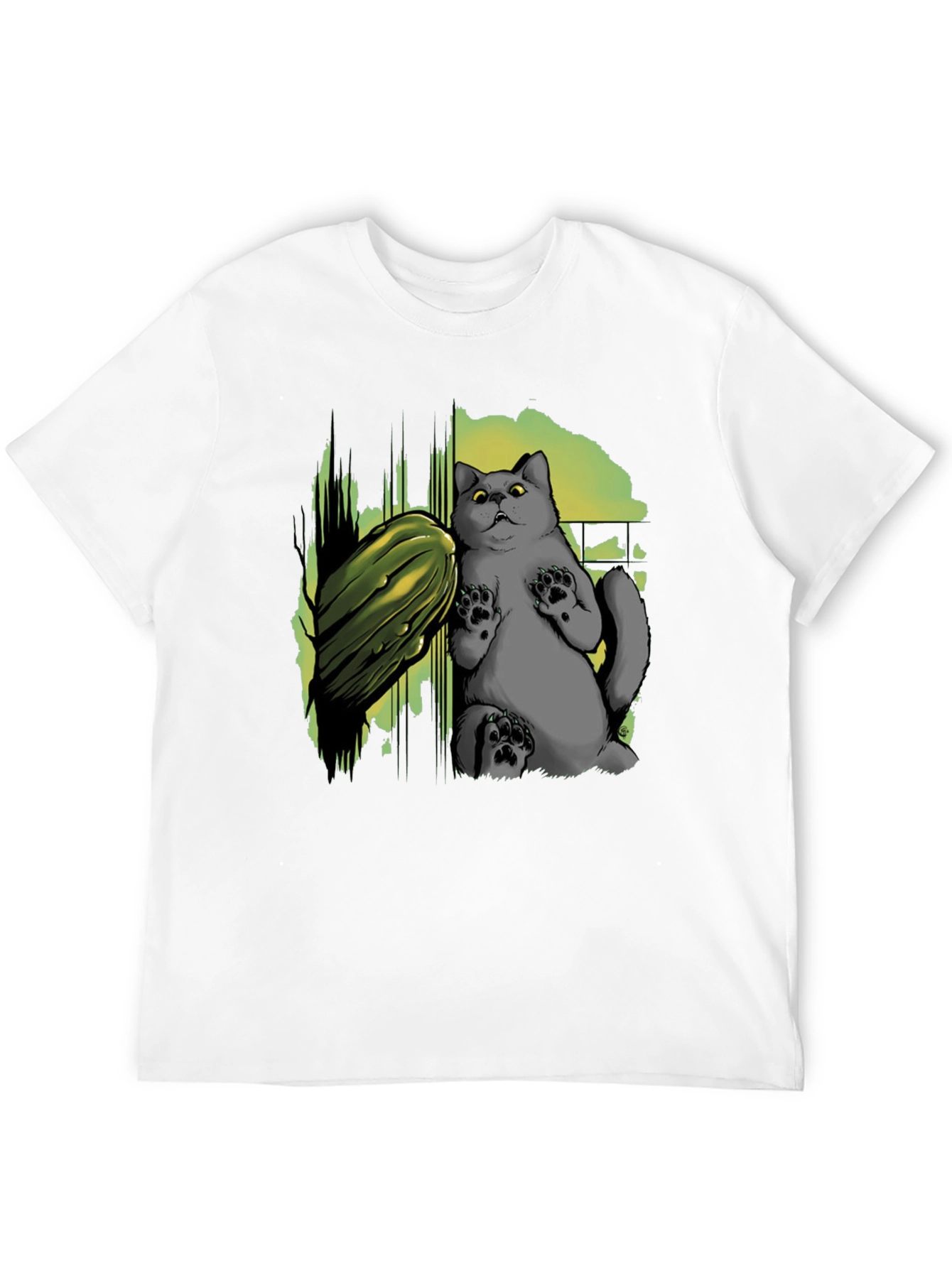 Black Funny Cat & Cucumber Graphic Tee - Black Cotton T-Shirt view 12