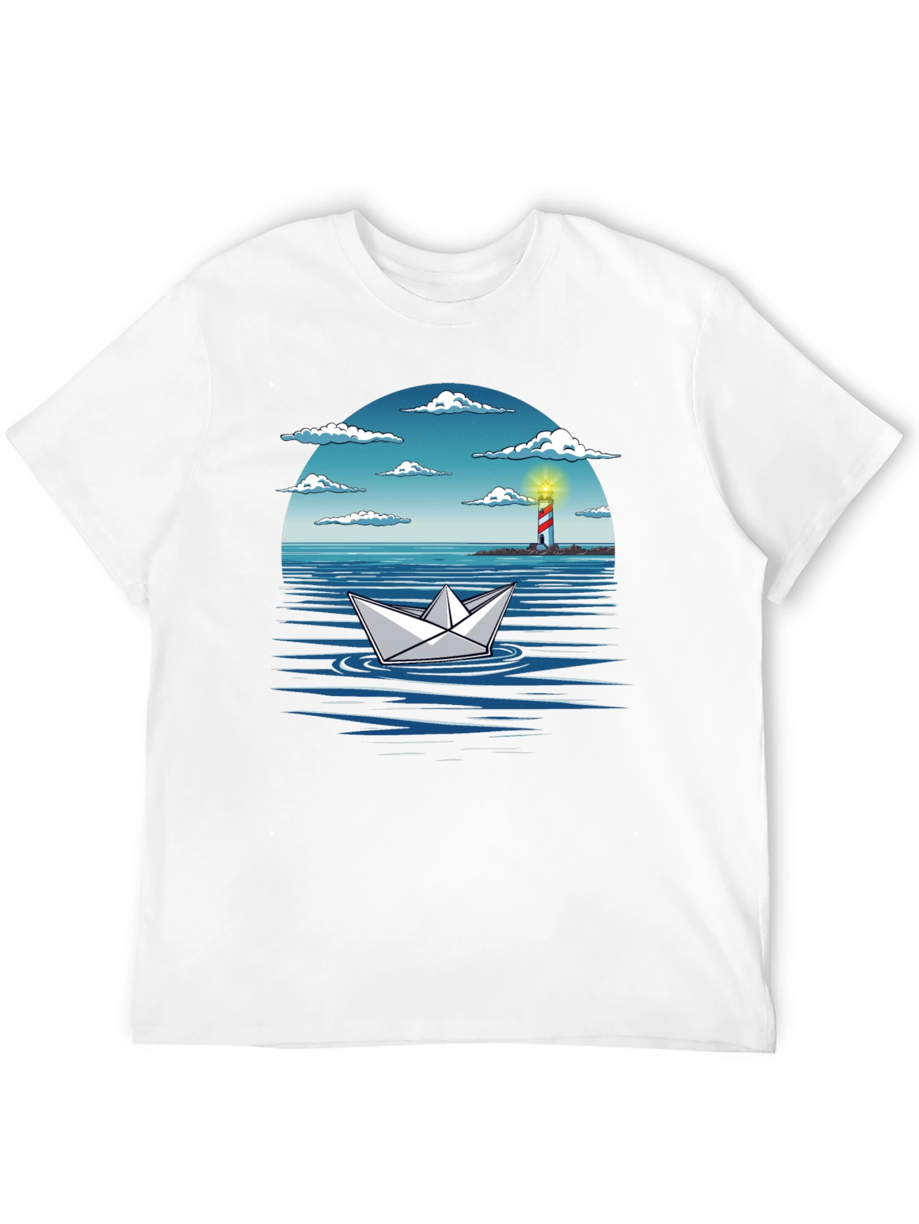 Black Paper Boat Lighthouse Graphic Tee - Nautical Adventure Shirt view 12