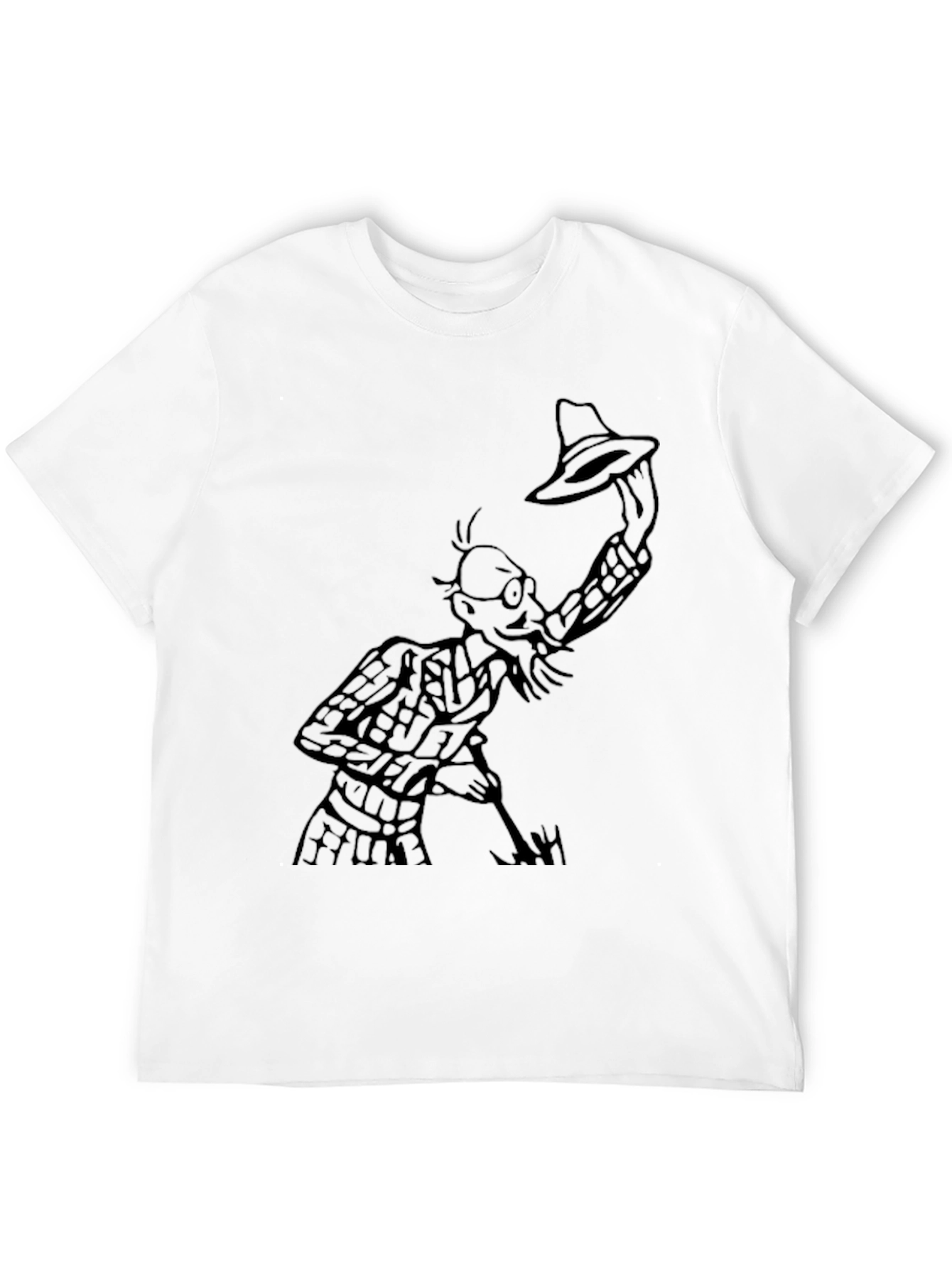 Black Black T-Shirt with Cartoon Man Holding Hat view 12