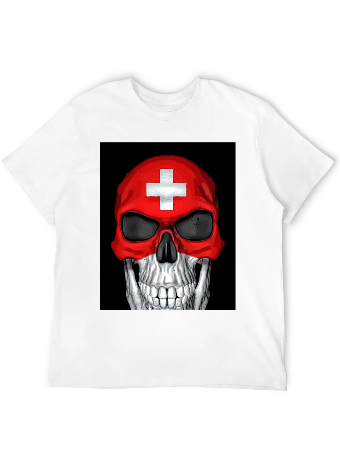 Black Skull Switzerland Flag Graphic Tee - Black Cotton T-Shirt view 12