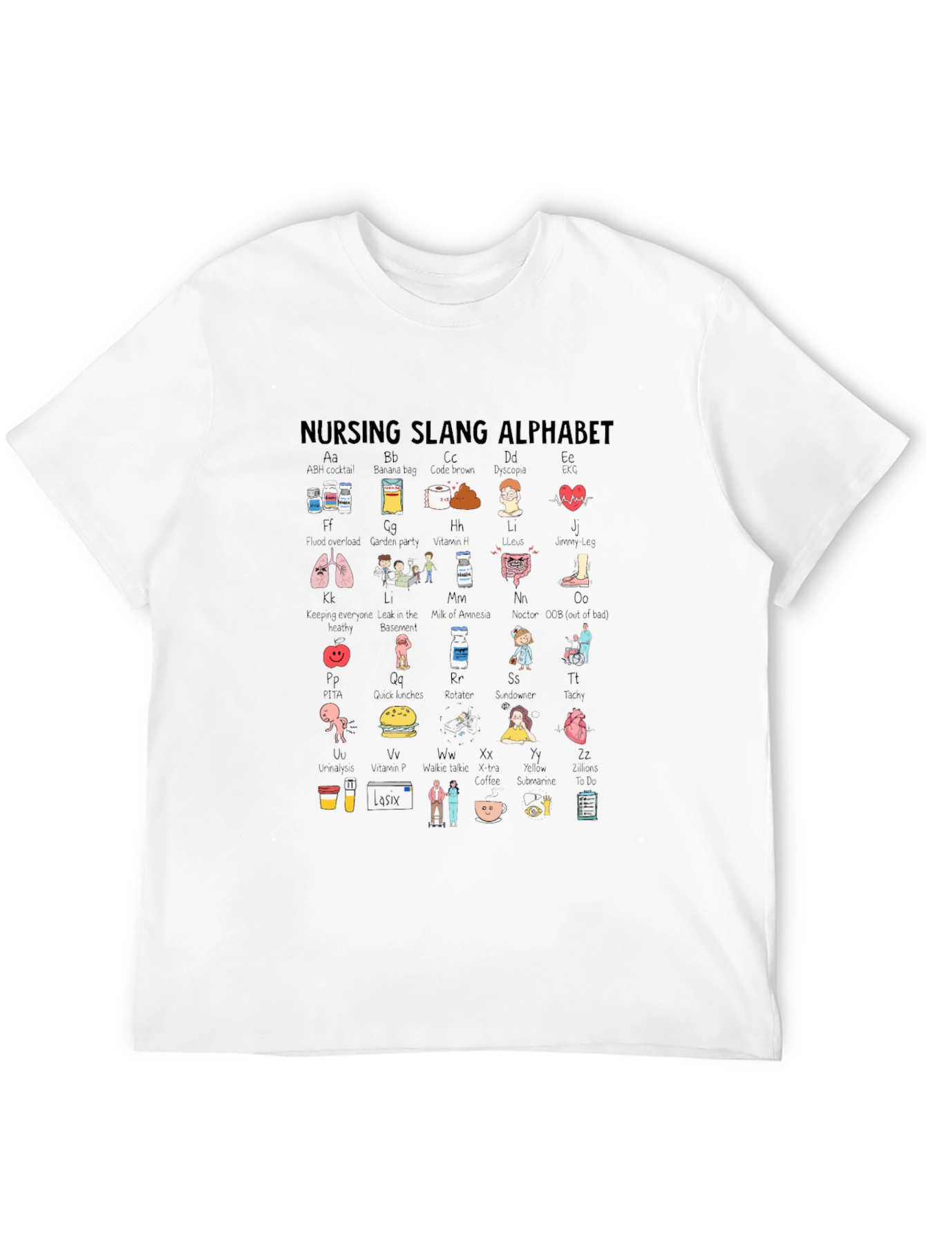 Black Nursing Slang Alphabet T-Shirt - Black Crew Neck view 12