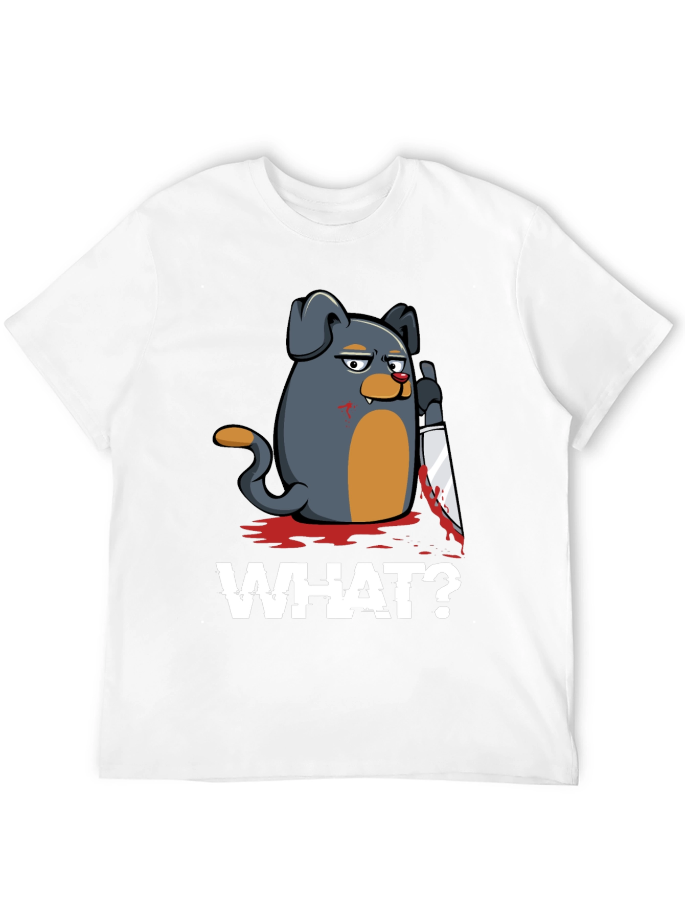 Black Men's 'What?' Dog with Knife Graphic T-Shirt view 12
