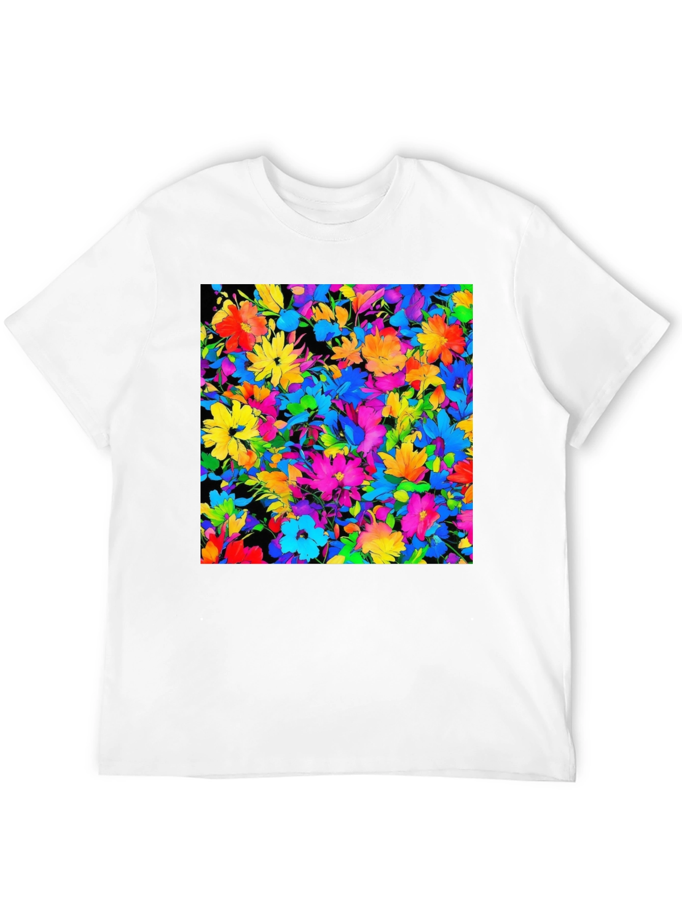 Black Colorful Floral Print Men's Black T-Shirt view 12