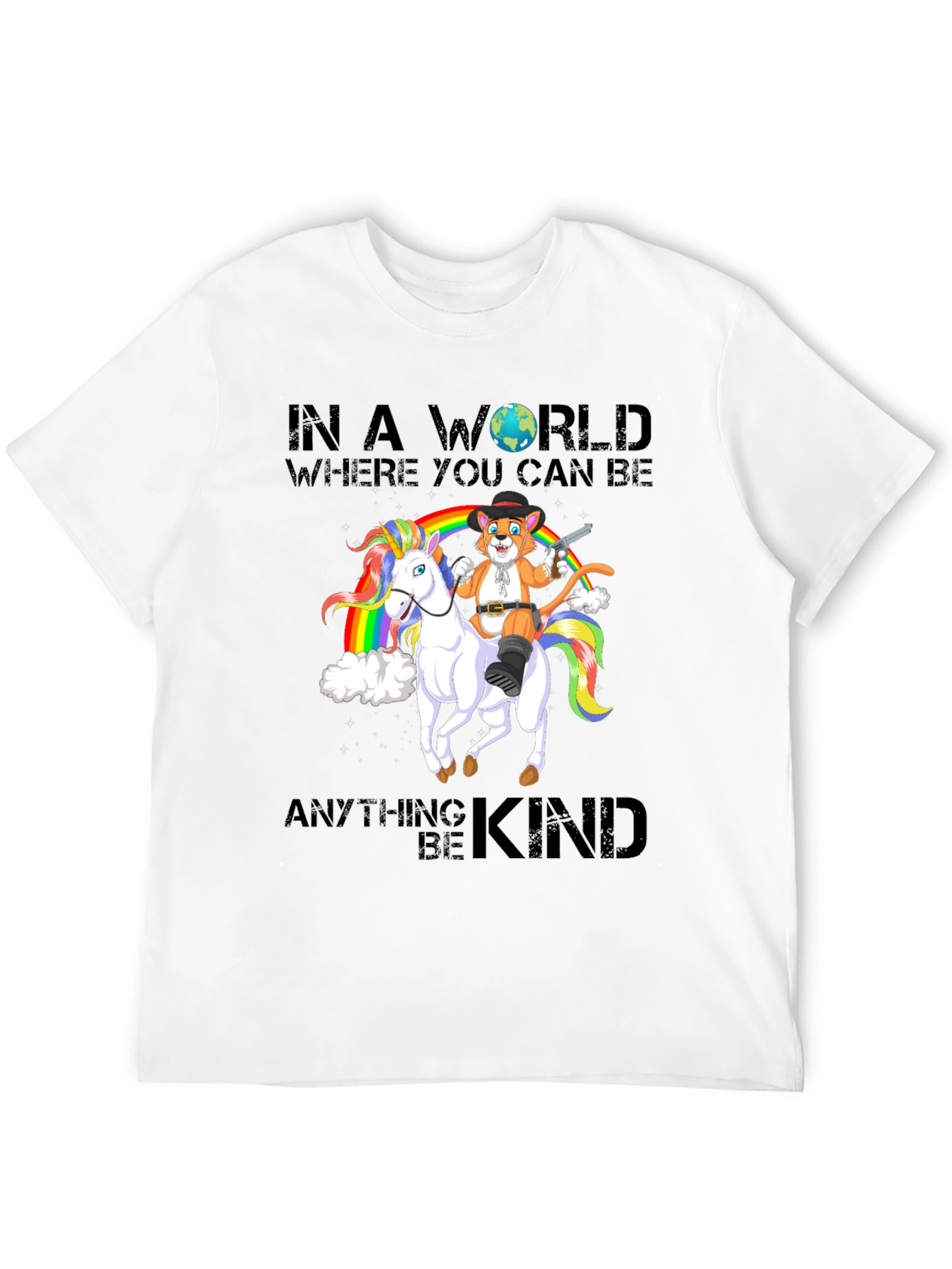 Black Be Kind T-Shirt: Cat Cowboy Riding Unicorn view 12