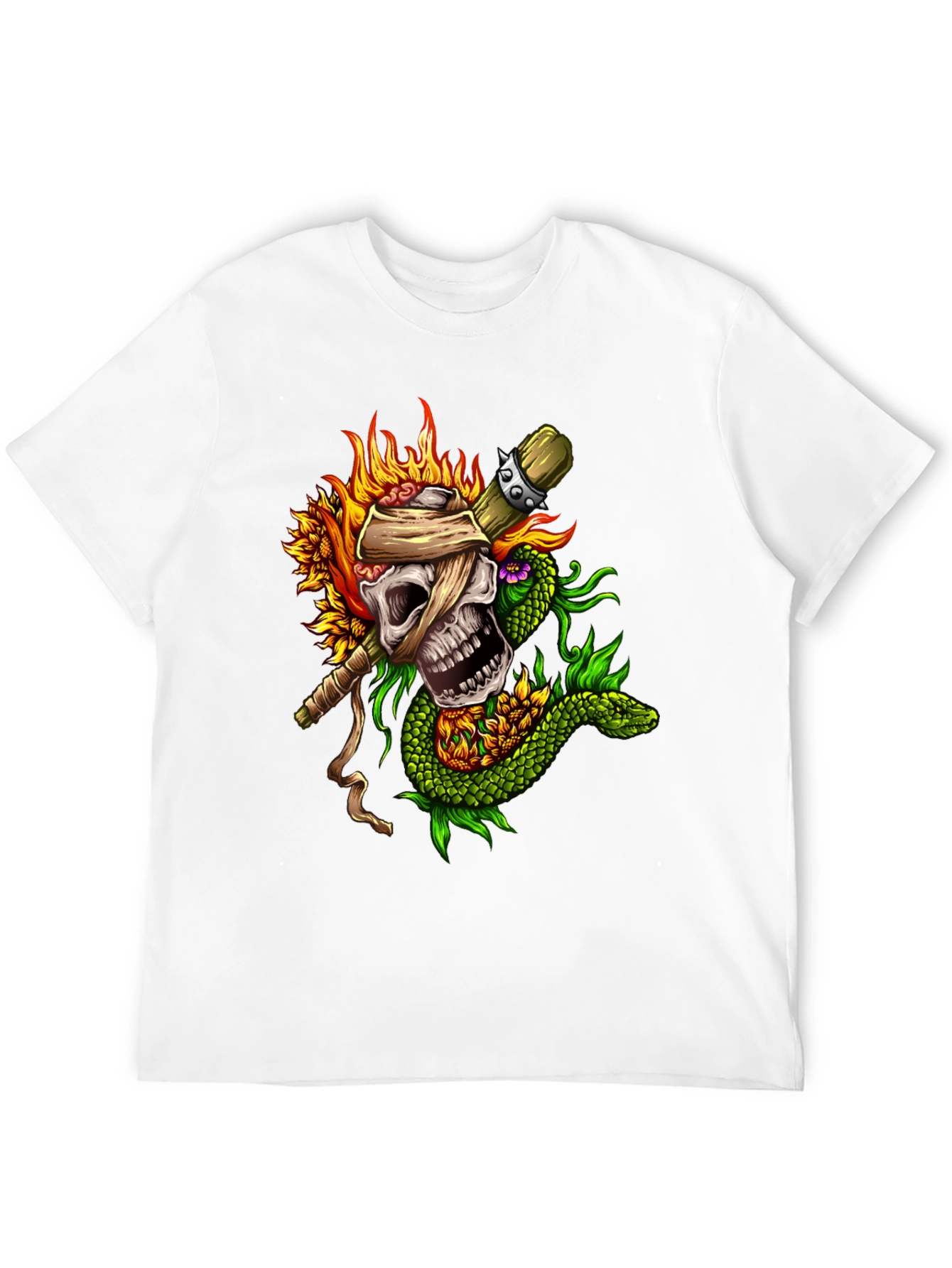 Skull, Snake, Sunflowers Black T-Shirt - 12
