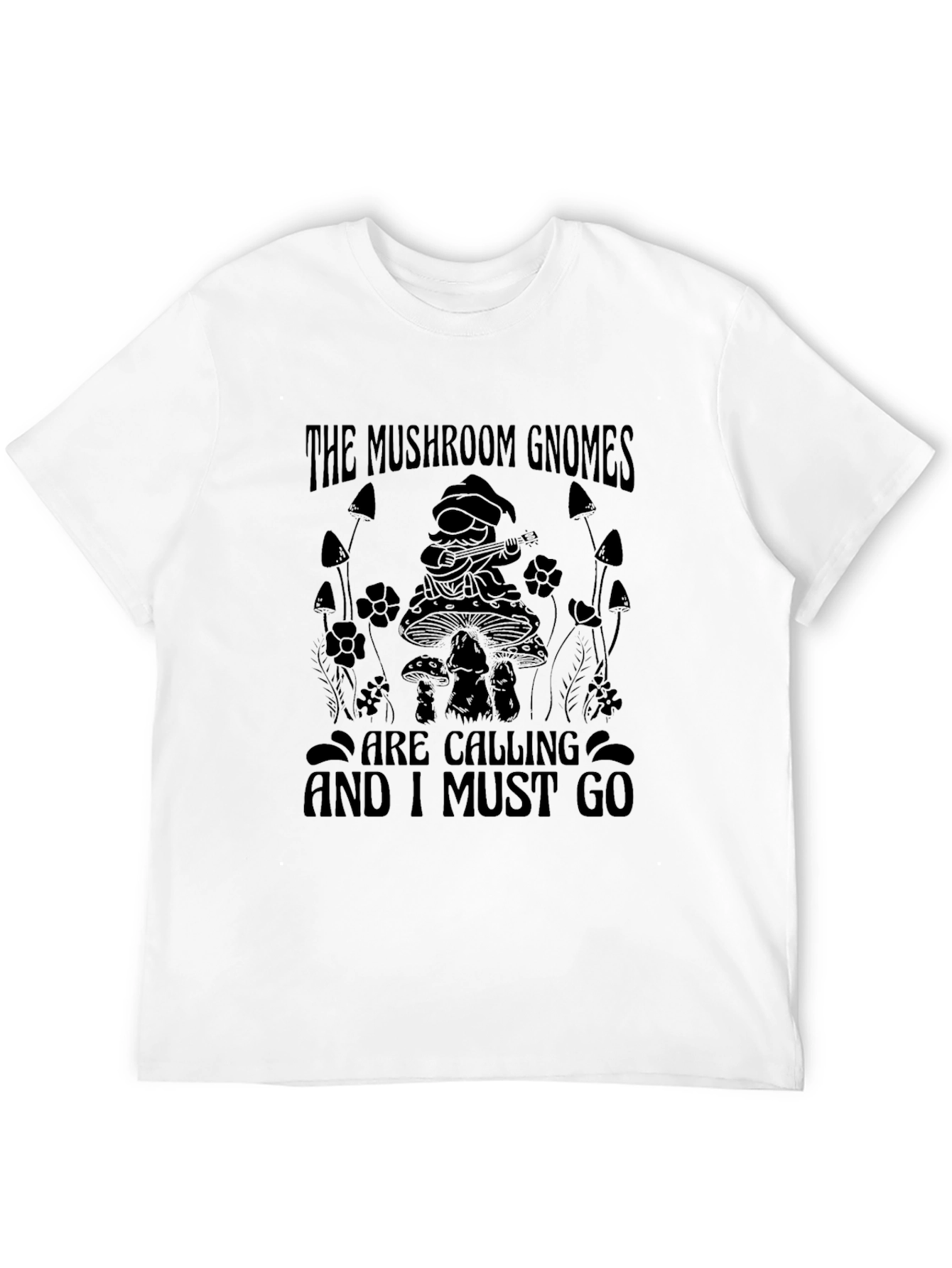 Black Mushroom Gnome Calling Graphic T-Shirt view 12