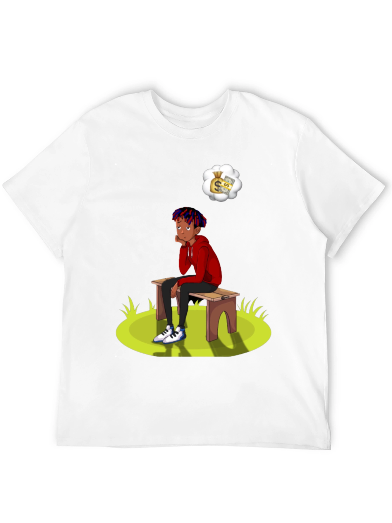 Black Cartoon Graphic Tee -  Boy on Bench Dreaming of Money view 12