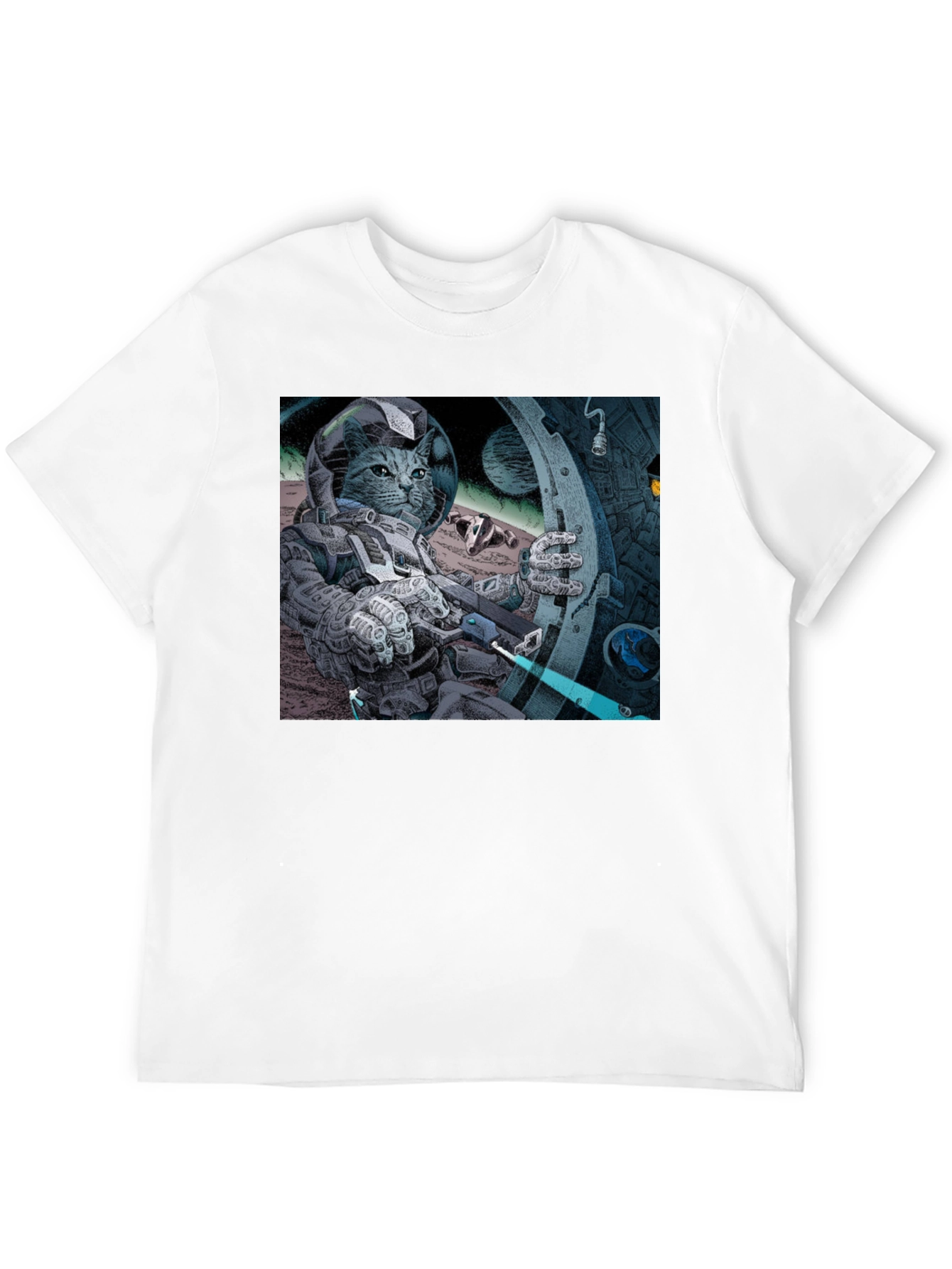 Black Cosmic Cat Astronaut T-Shirt - Cool Graphic Tee view 12