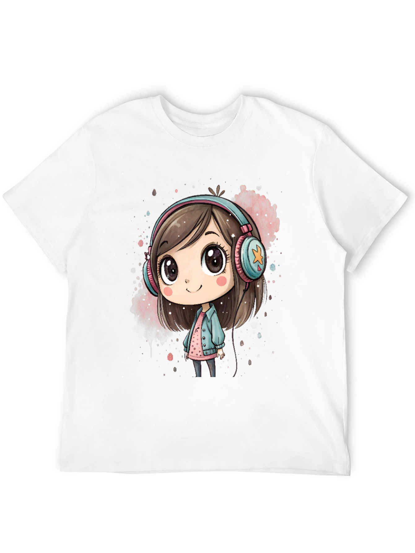 Black Cute Cartoon Girl Headphones Black T-Shirt view 12