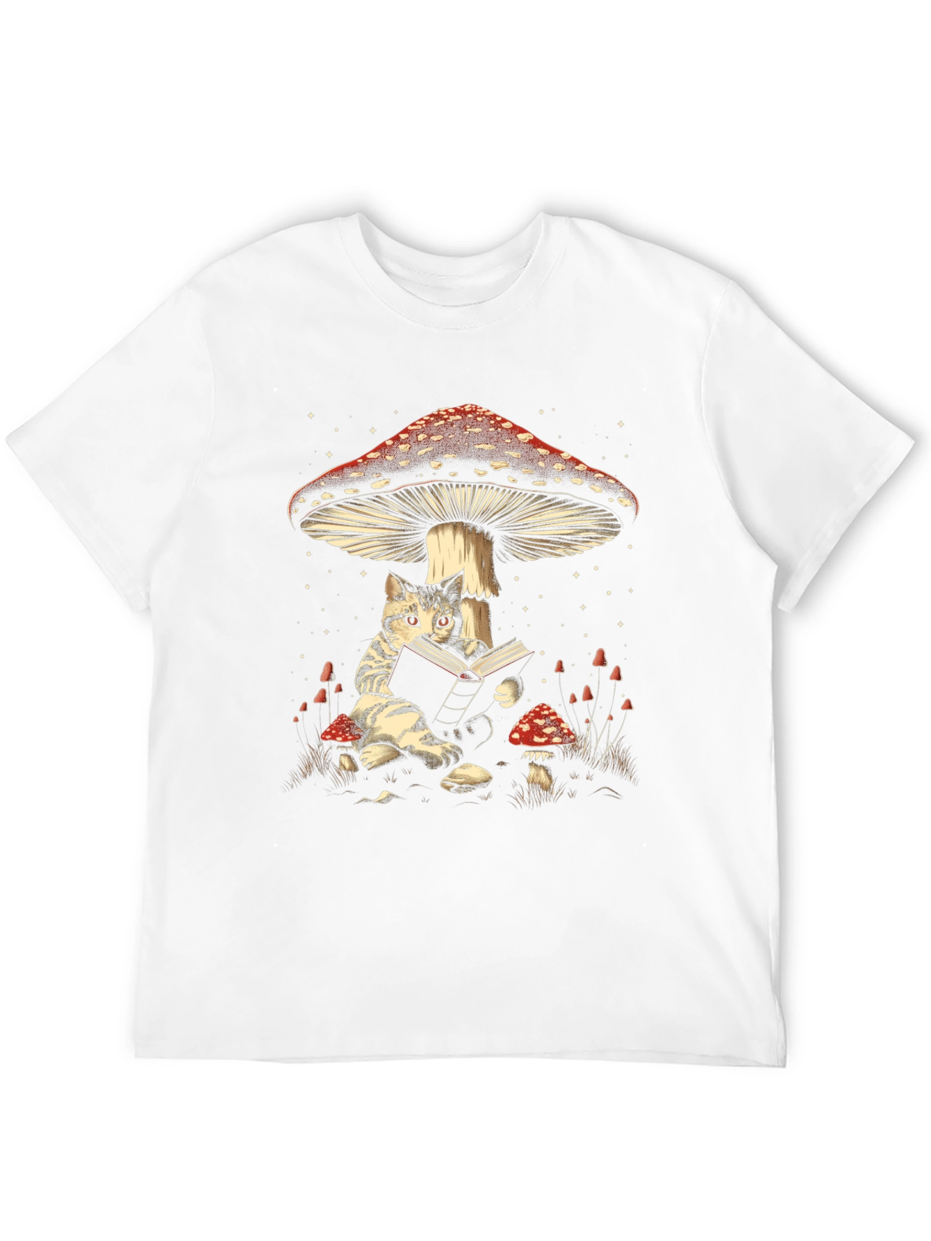 Black Cat Reading Under Mushroom T-Shirt view 12