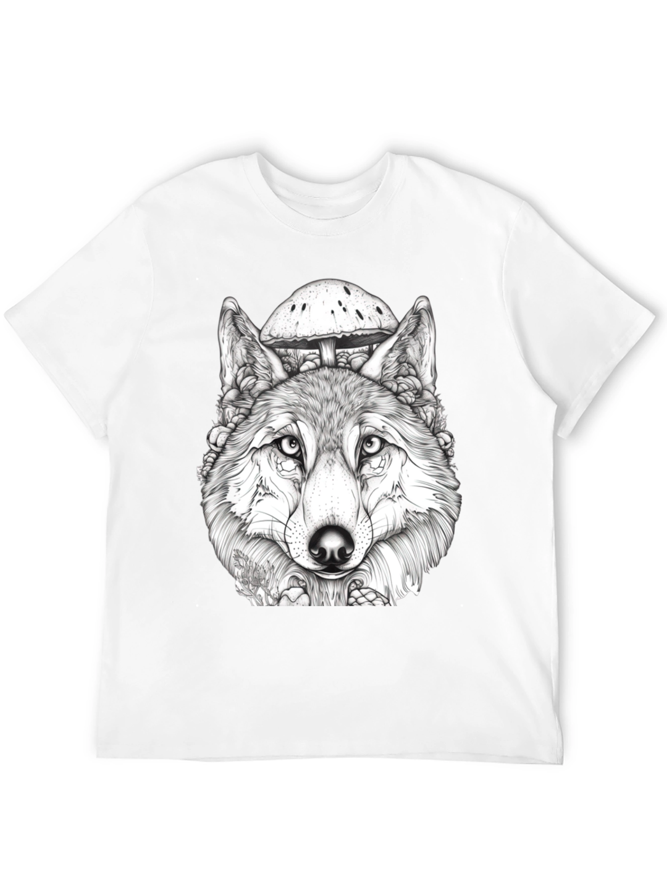 Black Wolf & Mushroom Graphic Tee - Unisex Black T-Shirt view 12
