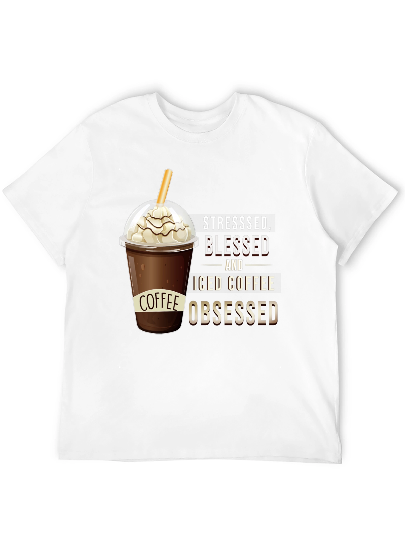 Black Stressed, Blessed, and Iced Coffee Obsessed T-Shirt view 12